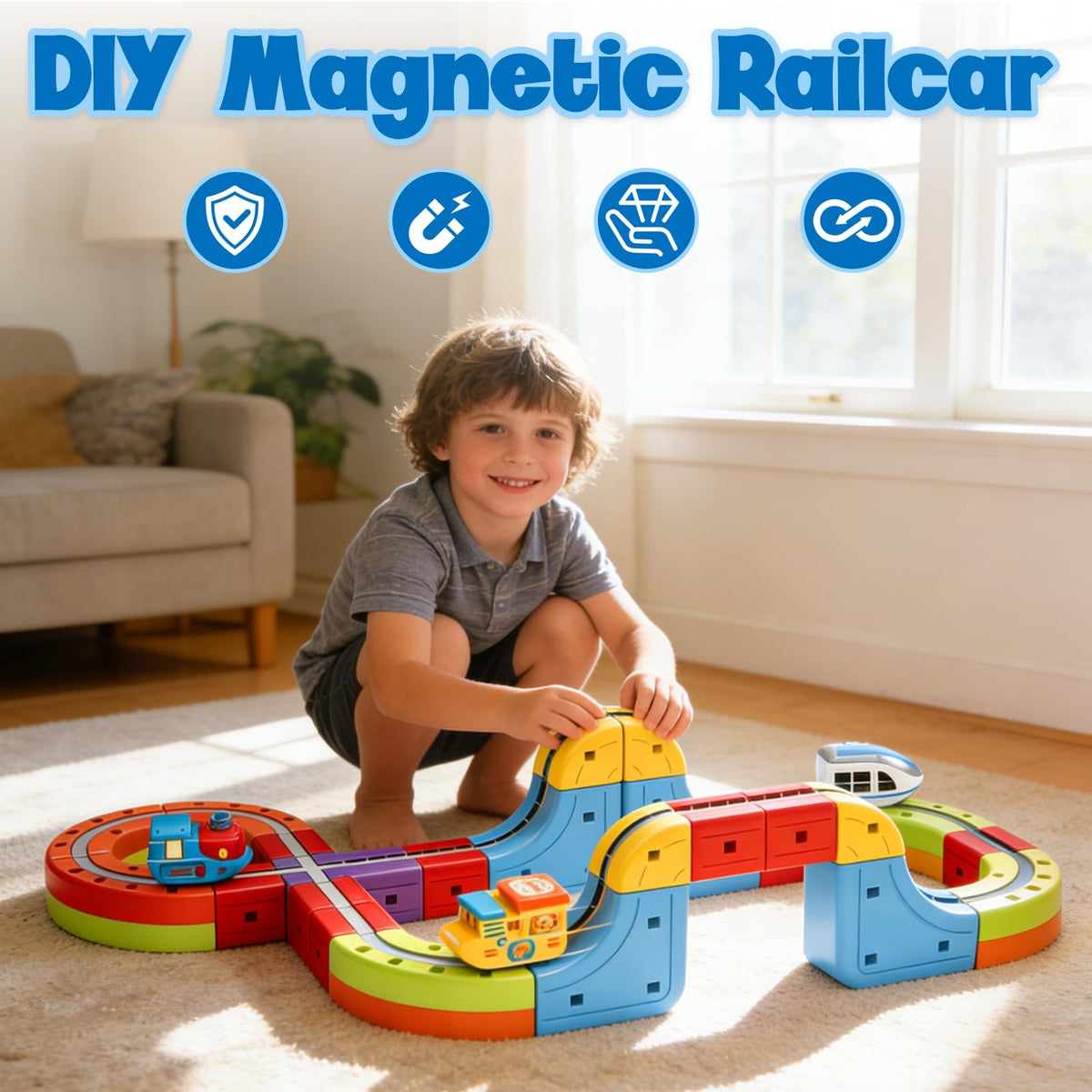 3D Infinity Cube Track Magnetic Electric Train Set for Kids 4 6 7 8,Toy Vehicle Playsets for Toddlers 3-5 Train Set Learning Gift,68 Pcs/1 car