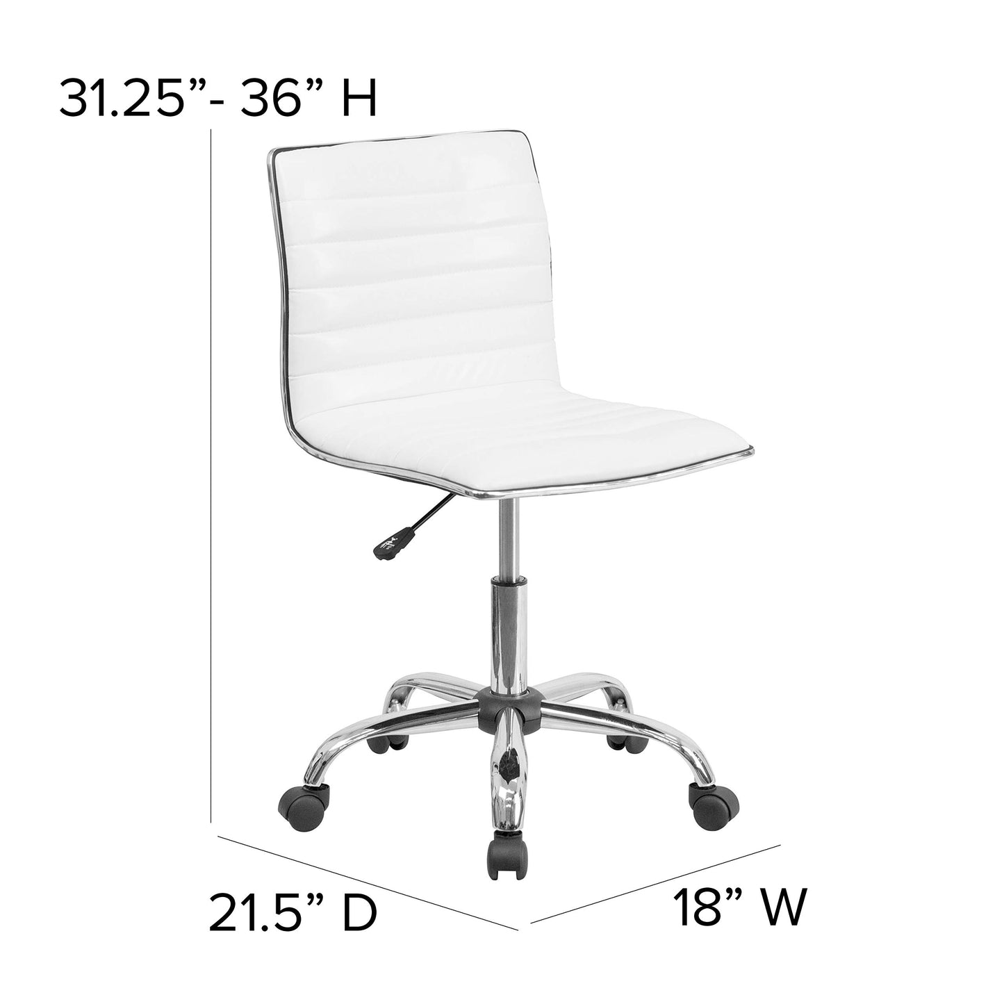 Flash Furniture Alan Low-Back Ribbed Upholstered Vinyl Swivel Desk Chair with Padded Seat, Modern Adjustable Height Padded Office Chair, White