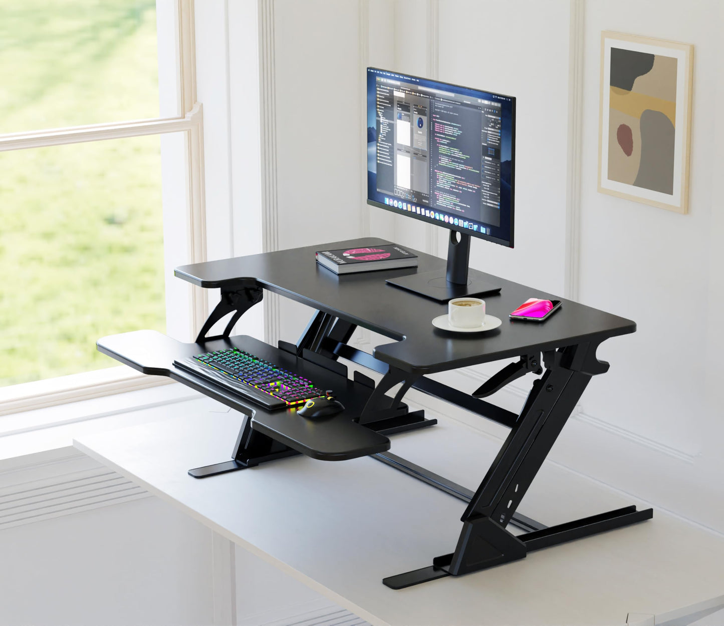 NSY Audio Standing Desk Converter 36 x 24 Inches - Height Adjustable Sit to Stand Riser with Keyboard Tray, Ergonomic Workstation for Home Office, Black