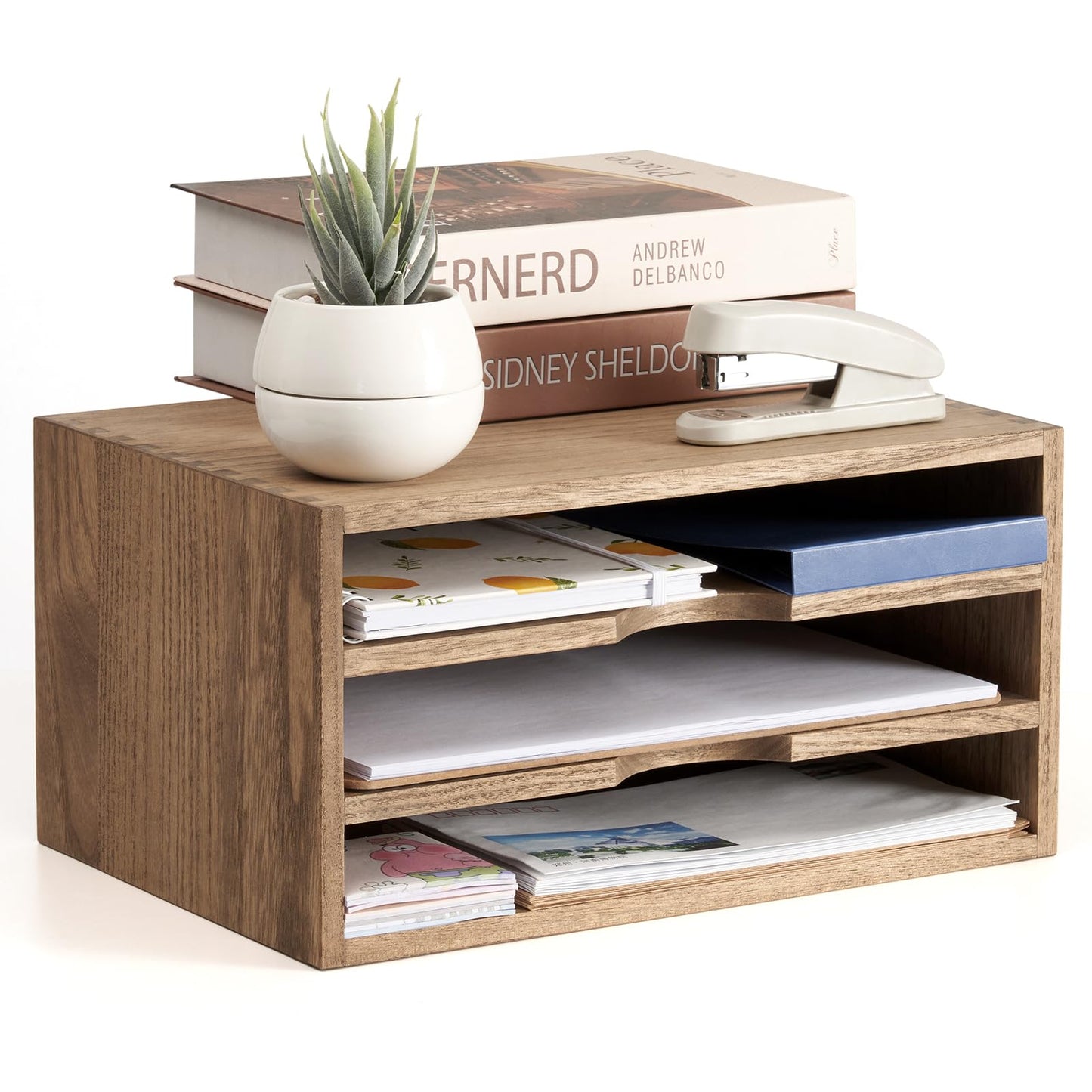 KIRIGEN Wooden Desktop Organizer, 3 Tier Solid Wood Letter Tray and Paper File Sorter for Desk, Freestanding Office Document Holder for Mail, Magazines, Folders, 13.78 x 9.45 x 7.08 in Brown 3KWJG-DBR