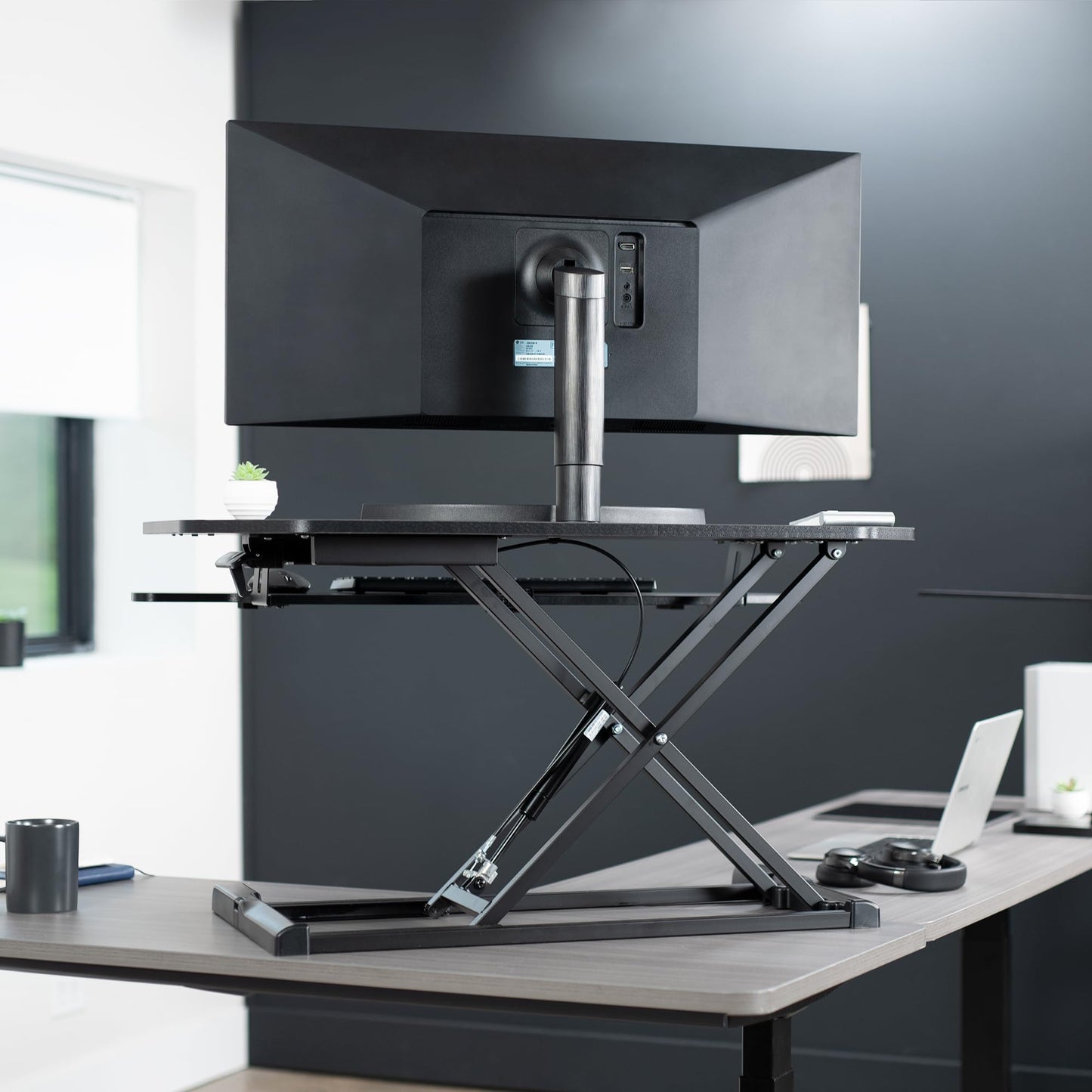 VIVO Extra Wide 38 inch Corner Desk Converter, K Series, Height Adjustable Sit to Stand Riser, Dual Monitor and Laptop Workstation with Wide Keyboard Tray, Black, DESK-V000KL