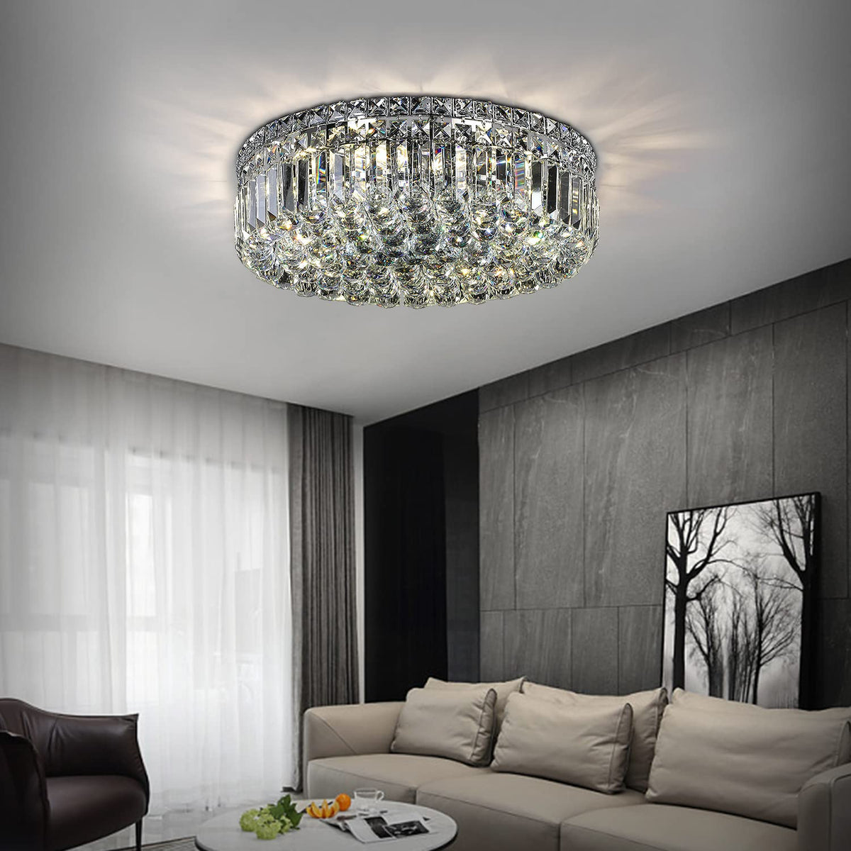 CEENLI 6-Lights Crystal Flush Mount Chandelier Light Fixture with K9 Crystals Modern Ceiling Lights Elegant Pendant Lamp for Bedroom,Hallway,Bar,Living Room,Dining Room,H5.9 xW20 (Bulbs Not Included)