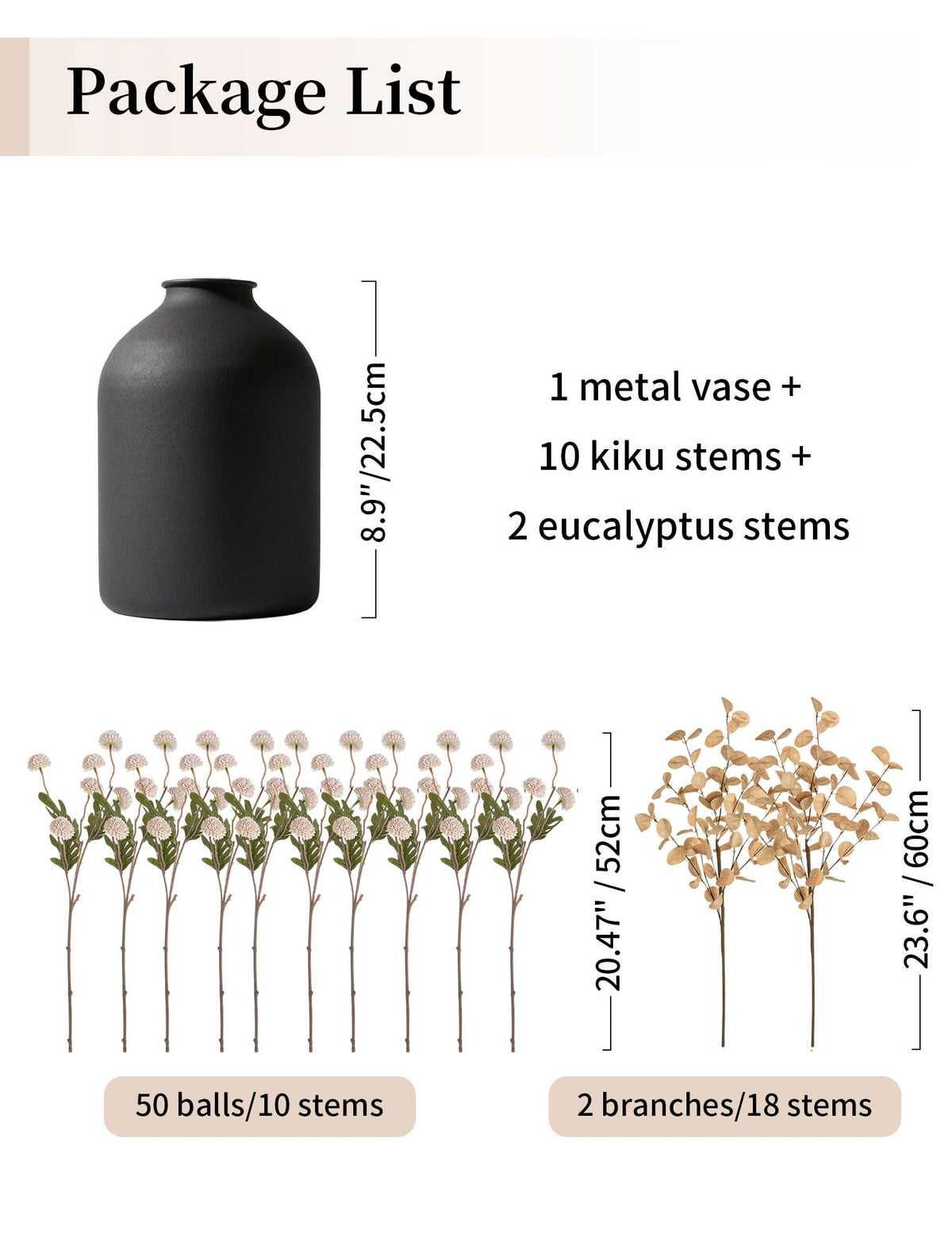 BLOSMON Fake Flowers Centerpieces for Tables: Gifts for Women Metal Vase with 12 Stems of Artificial Mums Kiku Eucalyptuses for Dining Room - Beige Faux Floral Arrangements in vase