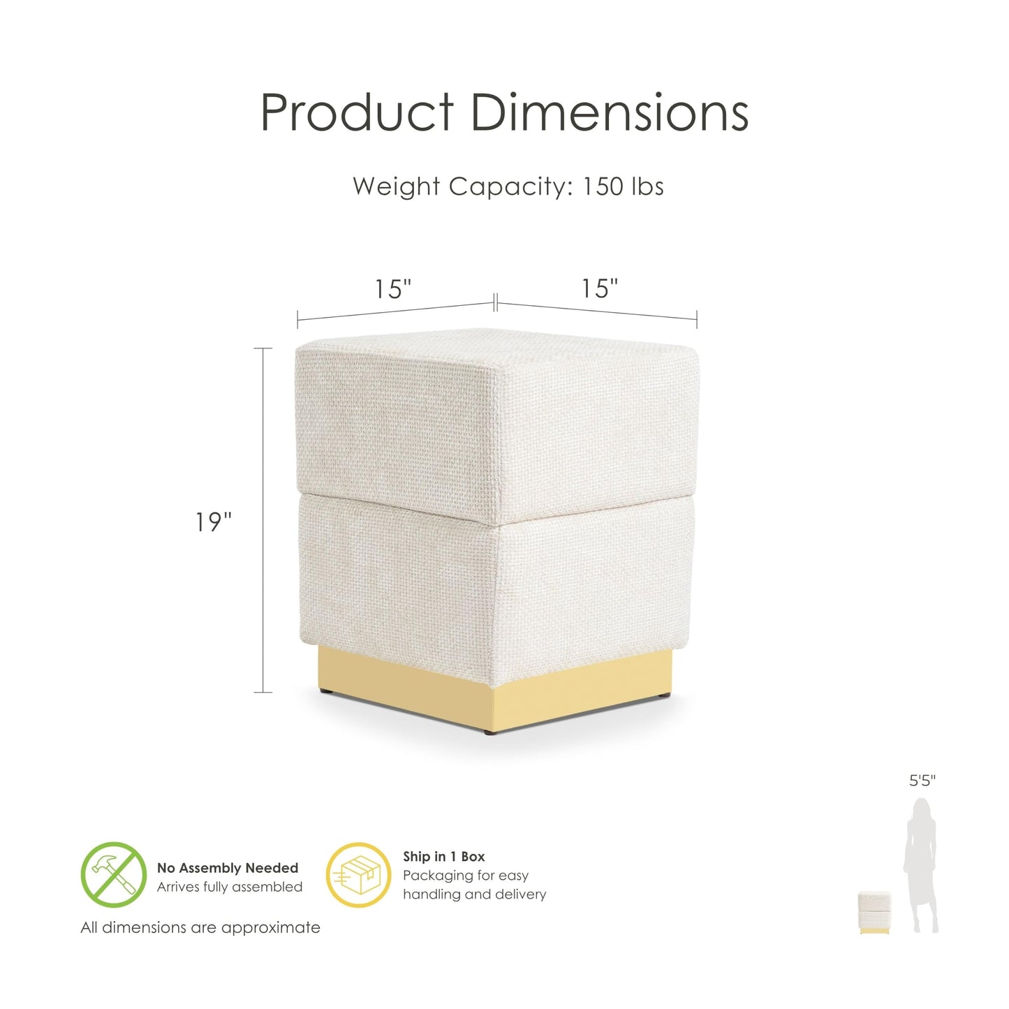 Furniture of America Renzo Modern 15-inch Chenille Cube Ottoman with Storage Compartment and Stainless Steel Base, Vanity Stool Chair, Small Foot Stool for Bedroom, Living Room, Entryway, Beige