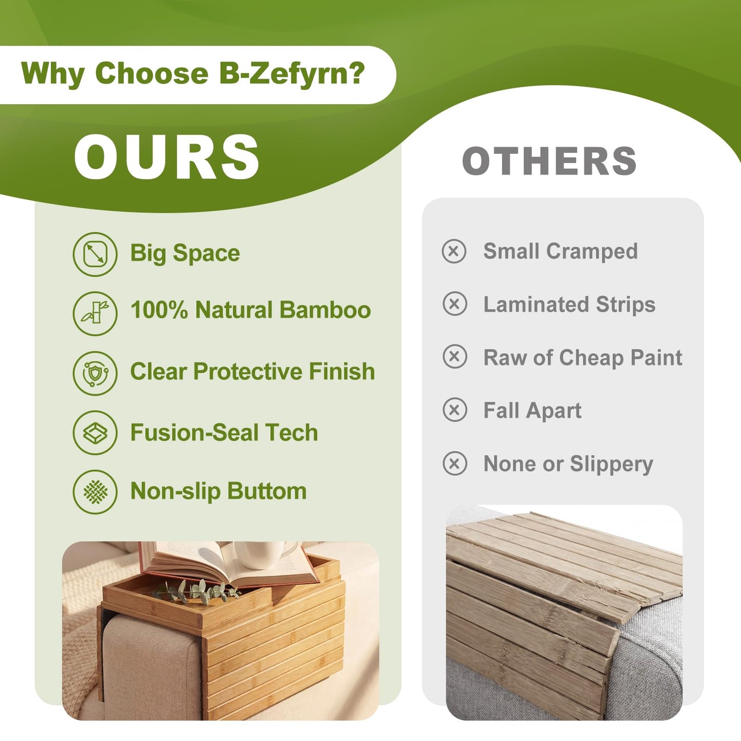 B-Zefyrn Sofa Arm Tray, Foldable Bamboo Couch Armrest Table with Large 12.5" x 5.8" Storage Compartment, Portable Chair Couch Caddy Arm Tray for Cup TV Snacks Phone