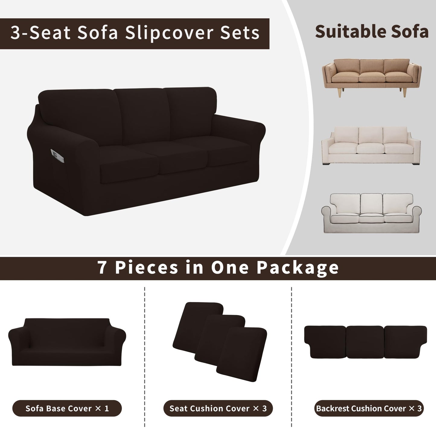 Easy-Going 7 Pieces Stretch Couch Cover Washable Sofa Cover Set for 3 Backrest and Seat Cushion Couch Anti-Slip Sofa Slipcover Furniture Protector with Elastic Bottom (Large, Chocolate)
