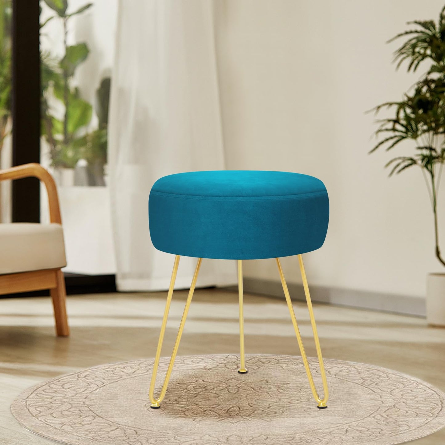YOONIC Velvet Soft Modern Vanity Footstool -Round Footrest Stool Ottoman Side Table Seat Dressing with Golden Metal Leg and Sponge Filling,Upholstered Foot Rest for Living Room (Peacock blue2)