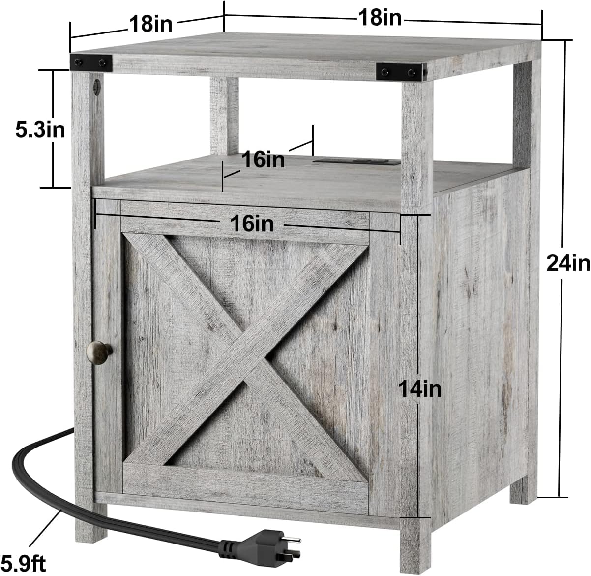 HOSEOKA Farmhouse Nightstand with Charging Station, Grayish White End Table Bedroom with Storage Living Room Side Table Beige Night Stand Industrial Bedside Bed Table with USB Ports and Outlets