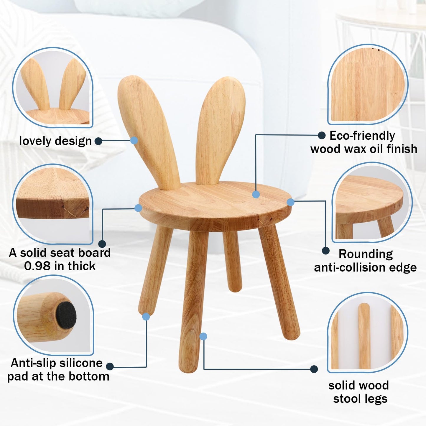 Wooden Step Stool for Toddlers, 2-in-1 Kids Chair & Desk Seat, Solid Rubberwood Bunny Ears Backrest, Wood Wax Oil Finish, CPC Certified Sturdy Seating for Playroom Classroom Nursery, Natural（1 Pack）