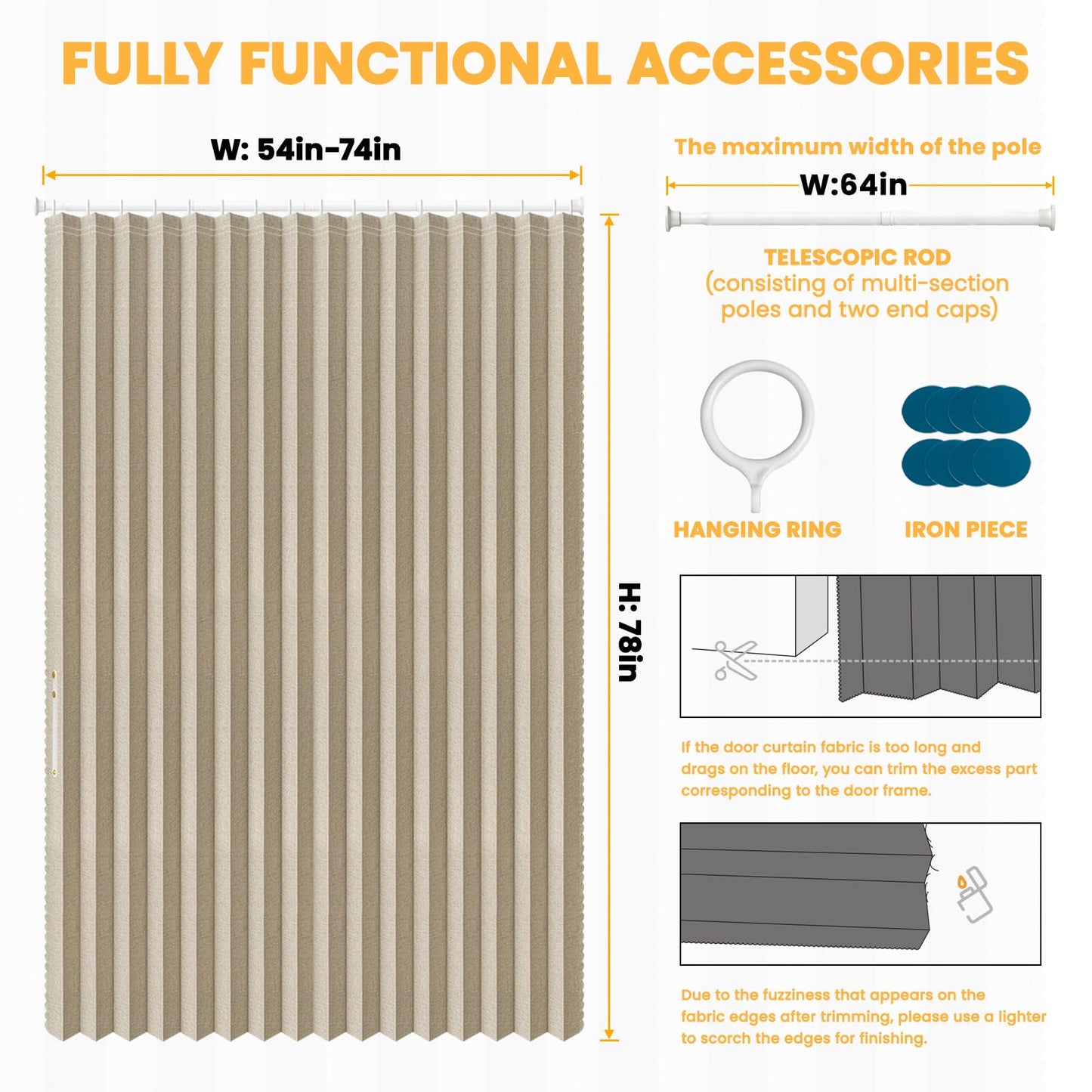 AJAZZ Blackout Accordion Door with Curtain Rods Included Invisible Sliding Glass Door Curtain for Bedroom Living Room Doorway Curtain Sets (1 Pack, 72 W x 78 L, Cream Yellow)