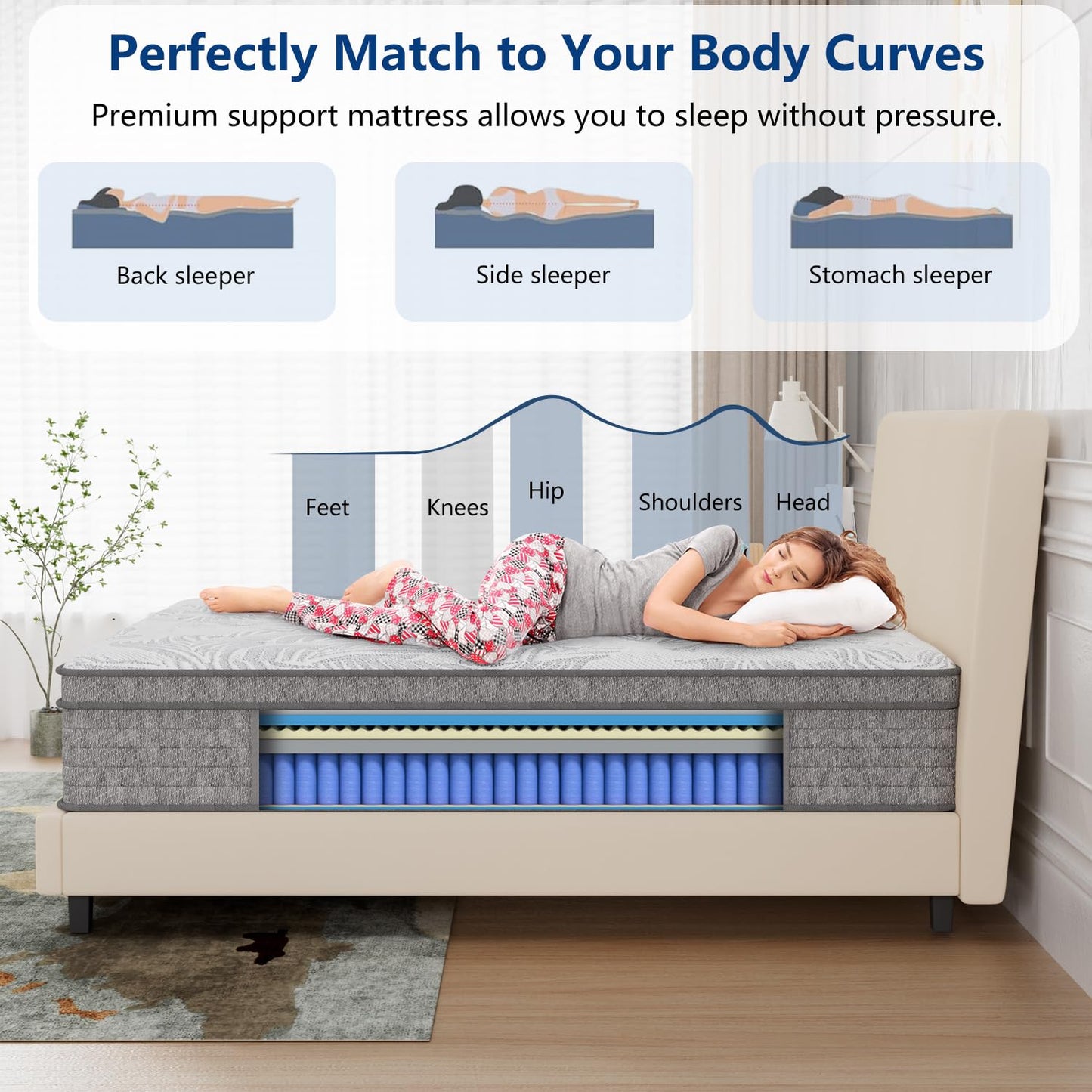 6V-Sermmoo California King Mattress, 14 Inch Hybrid California King Size Mattress in a Box, Pocket Spring and Memory Foam, Motion Isolation, Edge Support, Medium Firm, CertiPUR-US