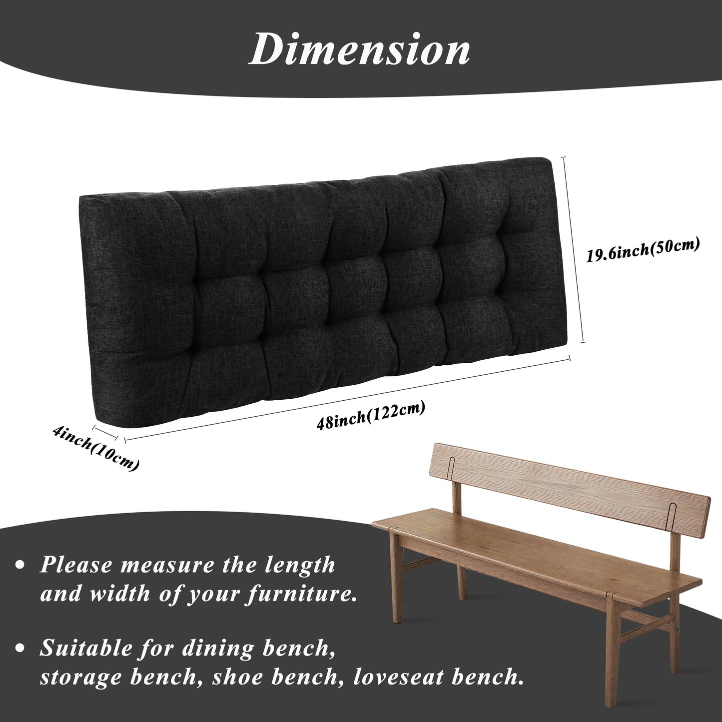 FlyGulls Bench Cushion for Indoor Furniture 48x19 inch Rectangle Bench Seat Cushion for Bay Window Entryway Bench Thick Textured Chair Cushion with Non-Slip Backing 1 Pack, Black
