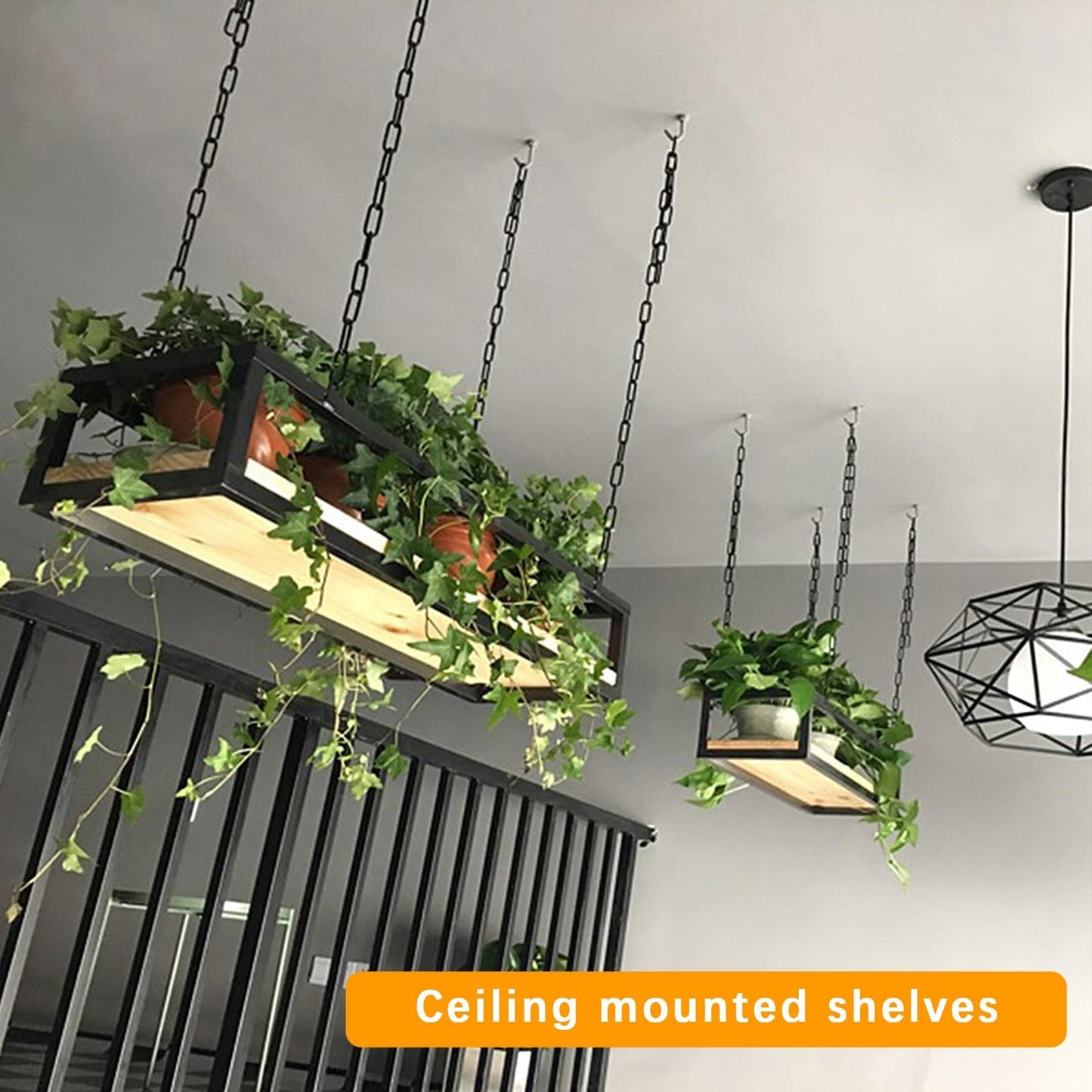 DCTPETHM Creative Bar Wine Racks,Flower Stand Hanging from The Ceiling, Metal Ceiling-Mounted Display Wall Shelves | with Chains Storage Shelf for Cafe Kitchen Garden, Black (Size : 60x25x1