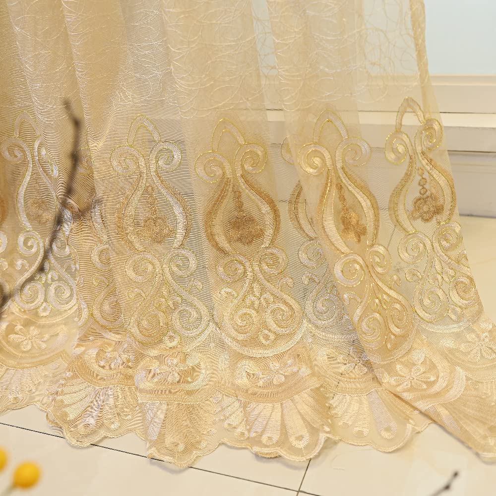 Amidoudou 1 Pair European Jacquard Sheer Curtains Embroidered Tulle Curtains Living Room Bedroom Luxury Translucent Curtains (Gold,37x84 Inch)