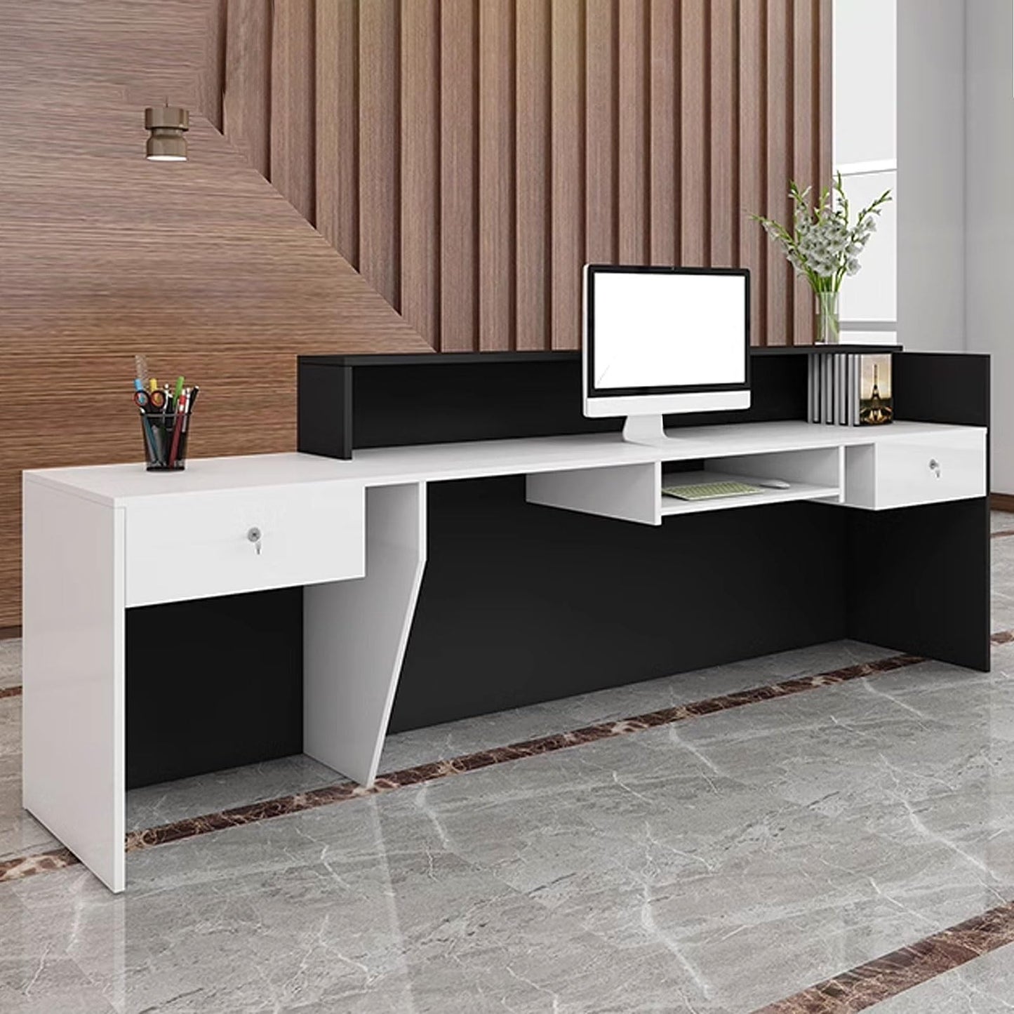 Modern Blue & White Reception Desk, 1.4m Office Counter for Salons & Retail, Engineered Wood Front Desk, Stylish Receptionist Furniture, Customer Service Counter