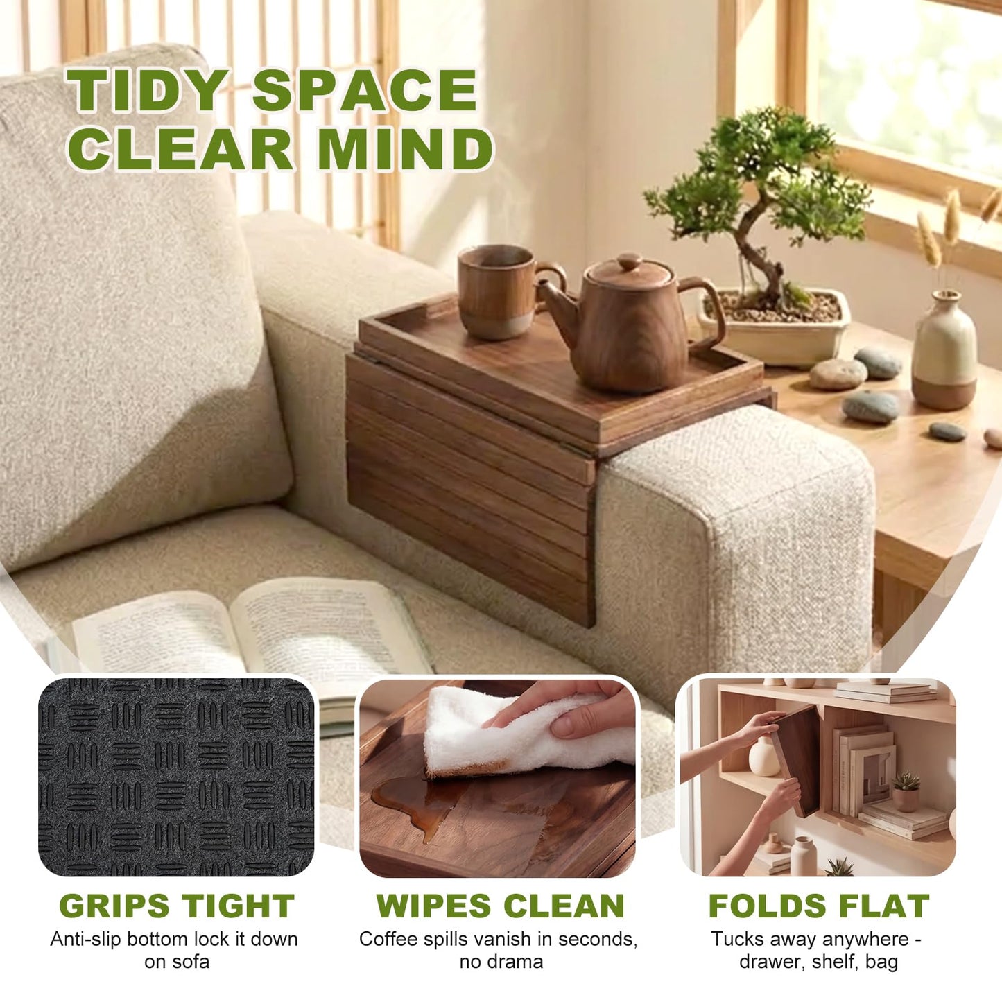 B-Zefyrn Sofa Arm Tray, Foldable Bamboo Couch Armrest Table with Large 12.5" x 5.8" Storage Compartment, Portable Chair Couch Caddy Arm Tray for Cup TV Snacks Phone