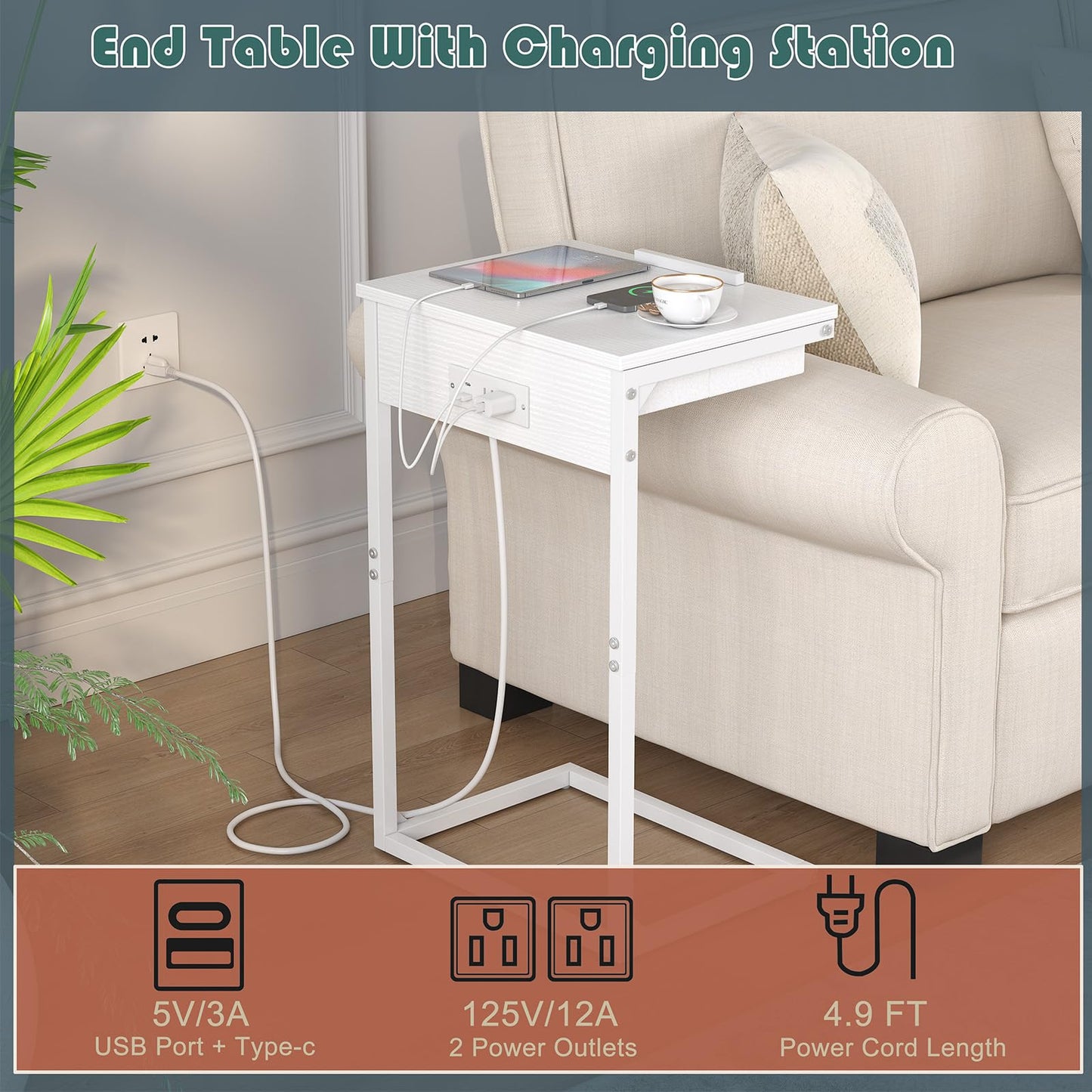 sthmec C Shaped End Table with Charging Station,45° Tiltable Adjustable Flip Top Side Table Set of 2,Small C Table Set 2 for Small Spaces,Slide Under Couch Sofa Bedside Table Living Room,White