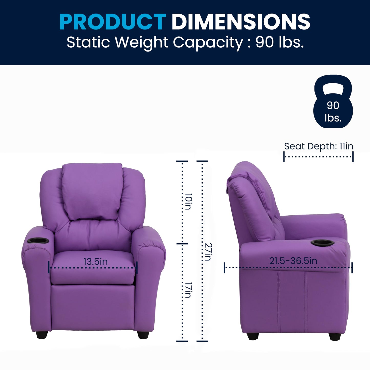 Flash Furniture Vana Vinyl Kids Recliner with Cup Holder, Headrest, and Safety Recline, Contemporary Reclining Chair for Kids, Supports up to 90 lbs., Lavender