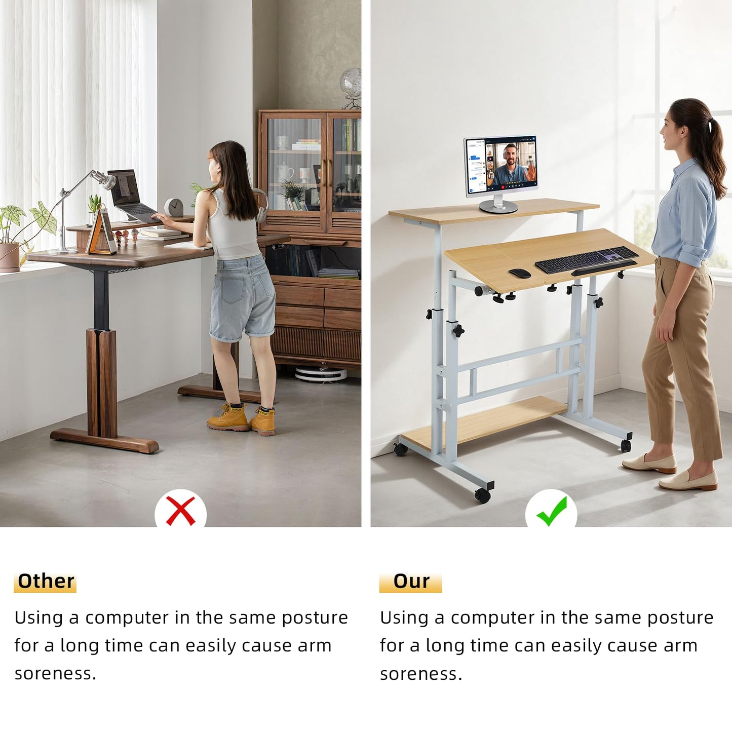 FAHKNS Small Standing Desk with Wheels, Portable Standing Desk, Adjustable Height & Tiltable Tabletop Mobile Stand Up Desk for Home Reading Desk and Office Work