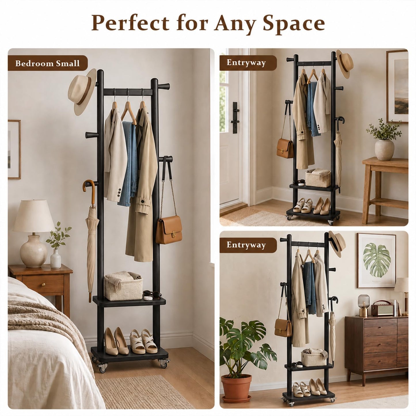 Solid Wood Coat Rack Freestanding Clothing Rack with Wheels & 2 Shelves Storage & 5 Hooks Heavy Duty Clothes Rack Wood Coat Tree Stand Hat Hanger Rack for Corner Bedroom Entryway Living Room Hotel
