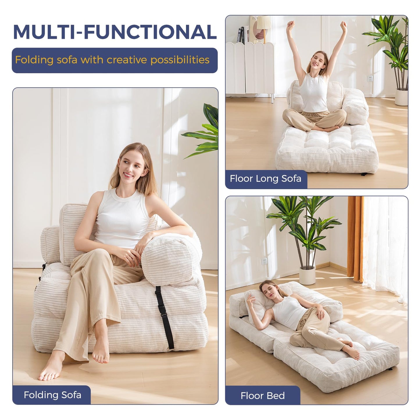 MAXYOYO Folding Sofa Bed, L-Shaped Convertible Sofa Foldable Sleeper Couch with Pillow, Portable Fold Out Chair Bed with Armrest Comfy Floor Lounge for Living Room Bedroom, Beige