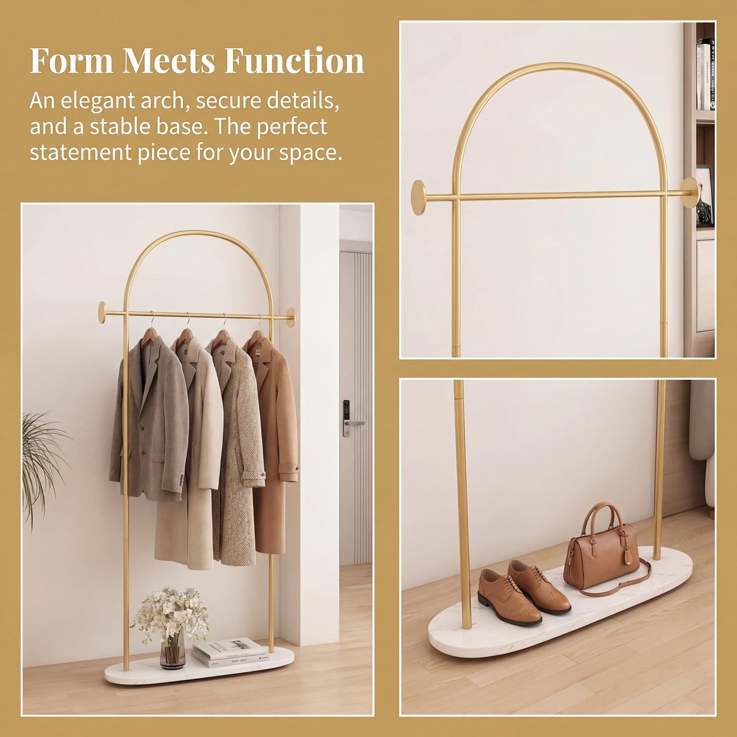 IronJiaZu Modern Gold Coat Racks with Marble Base, Gold Clothing Racks with Shelves, Heavy Duty Clothes Rack Stand for Entryway, Bedroom, Living Room, Boutiques