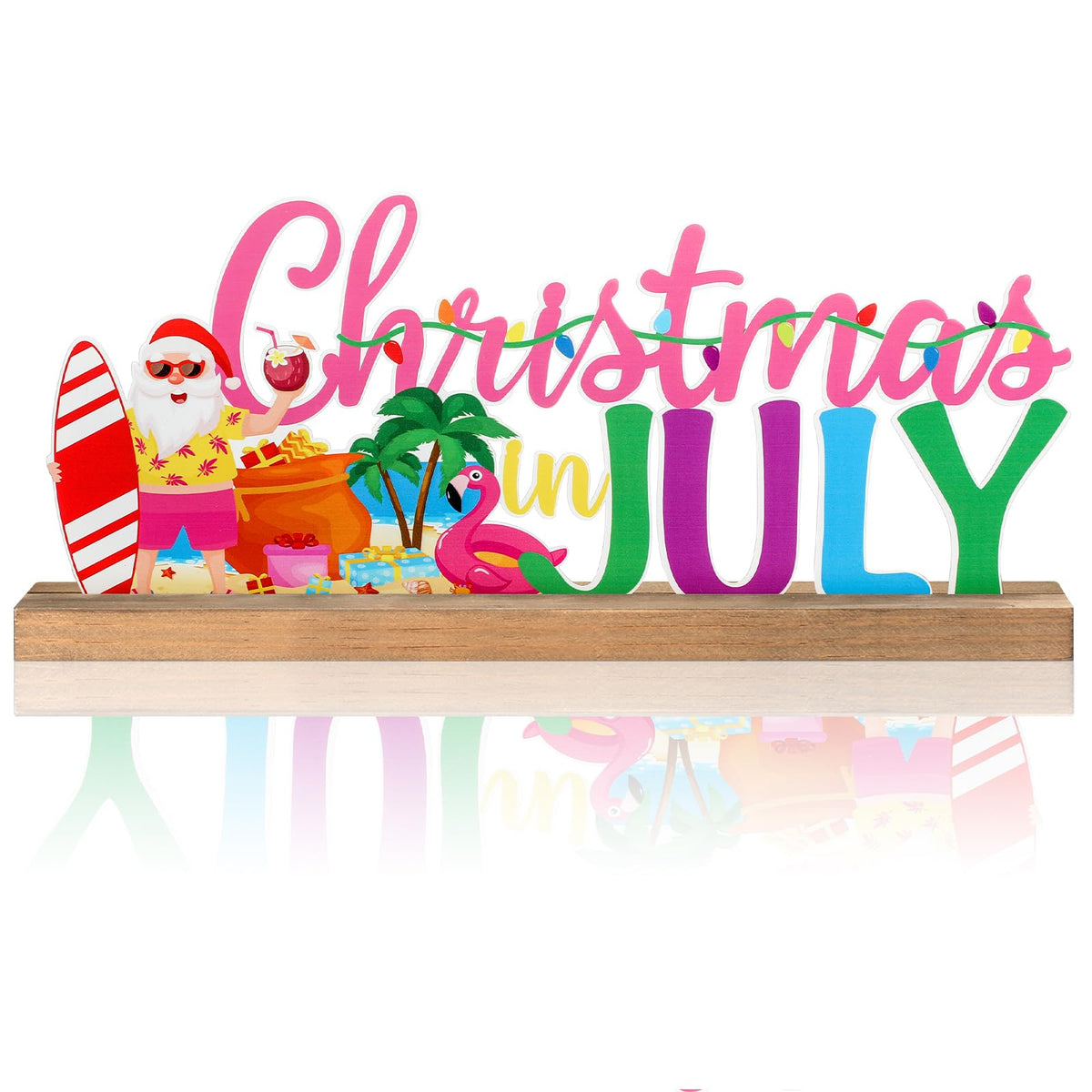 MiniInflat Christmas in July Metal Sign Rustic Table Decor Holiday Tiered Tray Decor with Wooden Base Freestanding Metal Word Sign for Home Tabletop Centerpiece Mantel Shelf Fireplace