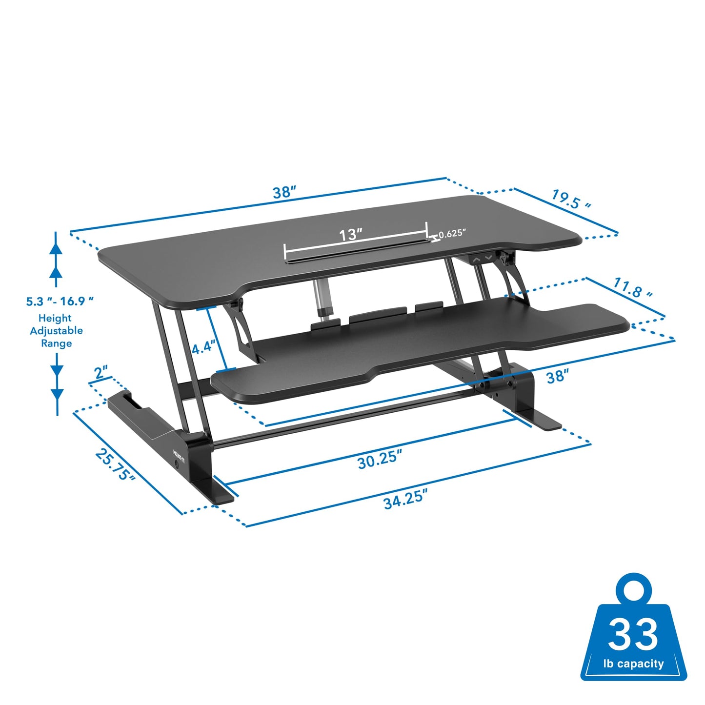 Mount-It! Electric Standing Desk Converter with 38" Tabletop, Height Adjustable Sit Stand Desk Riser, Motorized Desk Riser with Keyboard Tray and Device Slot, Fits Monitor & Laptop, Black
