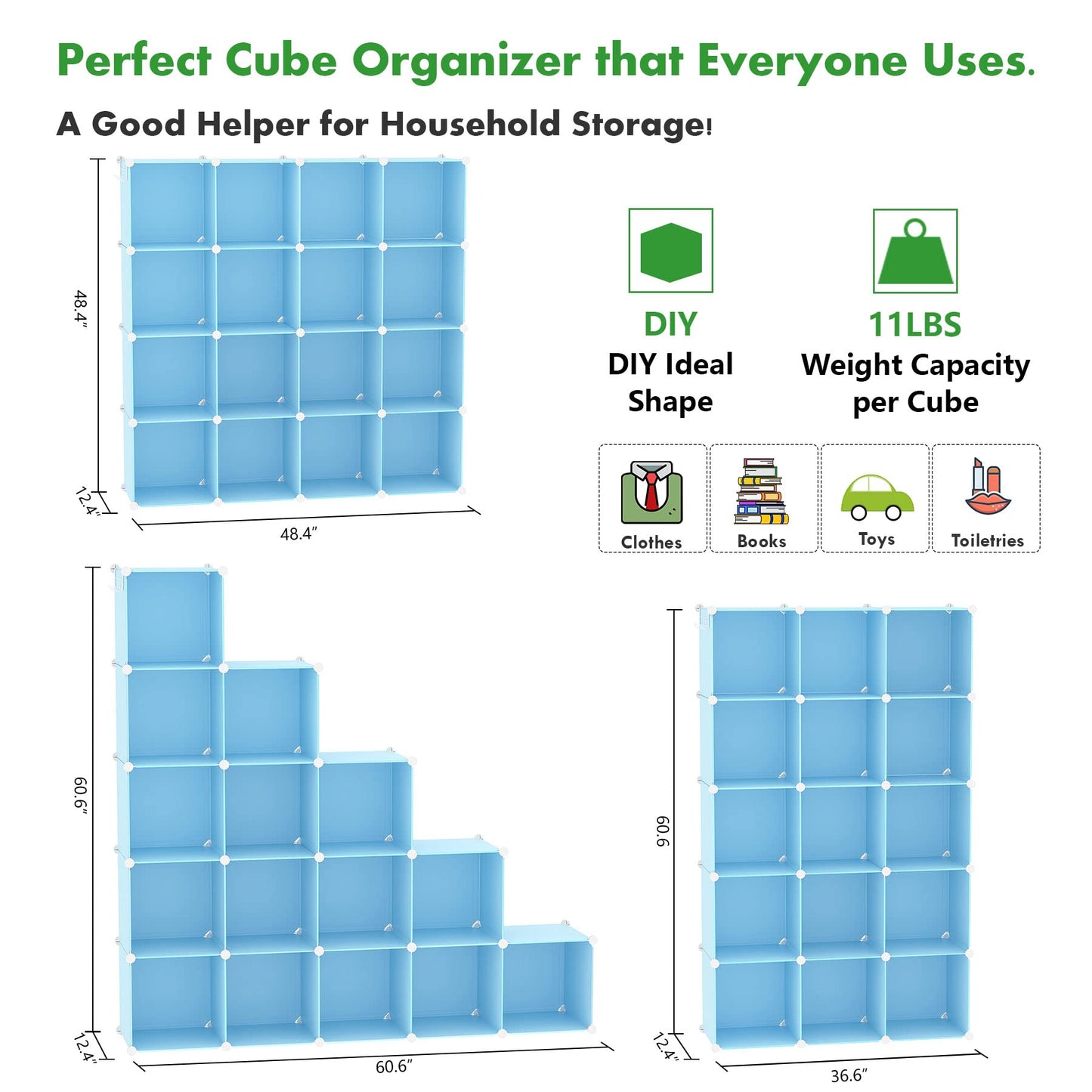 C&AHOME Cube Storage Organizer, 16-Cube Shelves Units, Plastic Storage Cubes, DIY Closet Organizer, Modular Closet Storage Shelves Ideal for Home, Bedroom, 48.4" L × 12.4" W × 48.4" H Blue UPCS16L