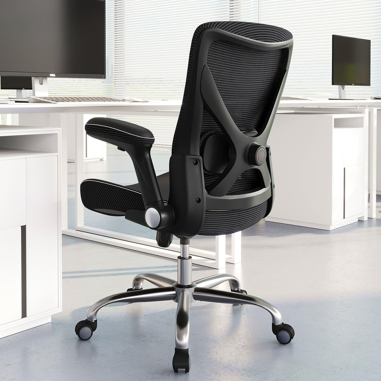 Ergalithic Office Home Ergonomic Desk Chair-Computer X-Shaped Chair Mesh PU Leather with Adjustable Lumbar Support-Executive Chair High Back Flip-Up Arms for Long Hours (Black-No Headrest)