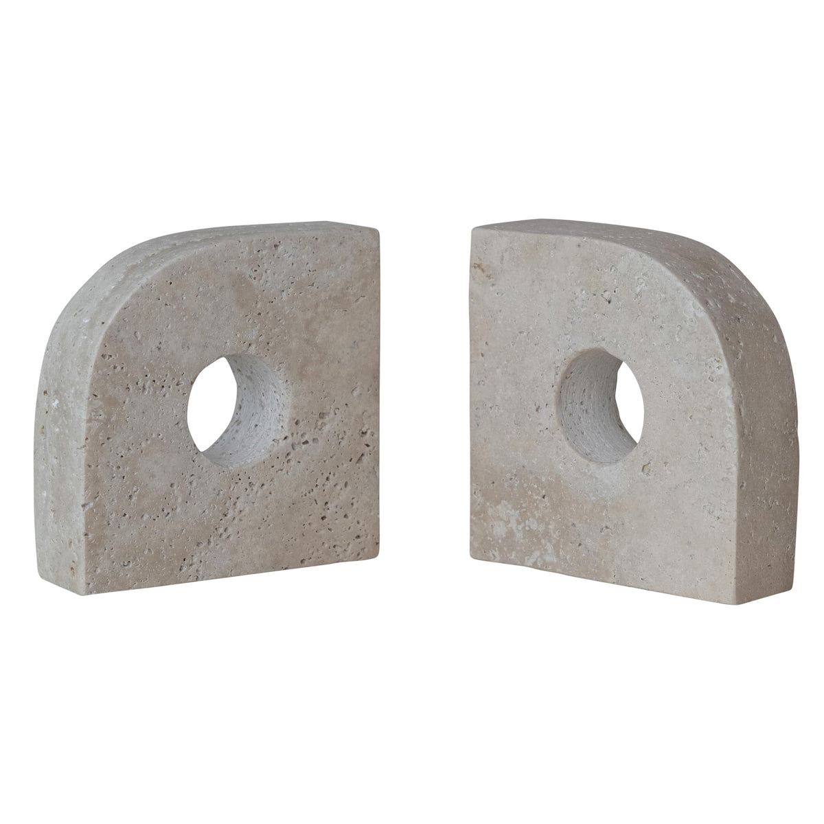 Bloomingville 2-Piece Travertine Bookends with Circle Cut-Outs, Beige