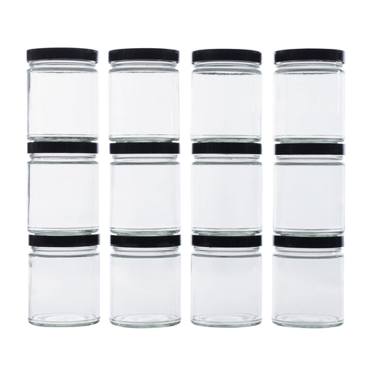 North Mountain Supply 9 Ounce Clear Glass Straight Sided Mason Canning Jars- With 70mm Black Plastic Lids - Case of 12