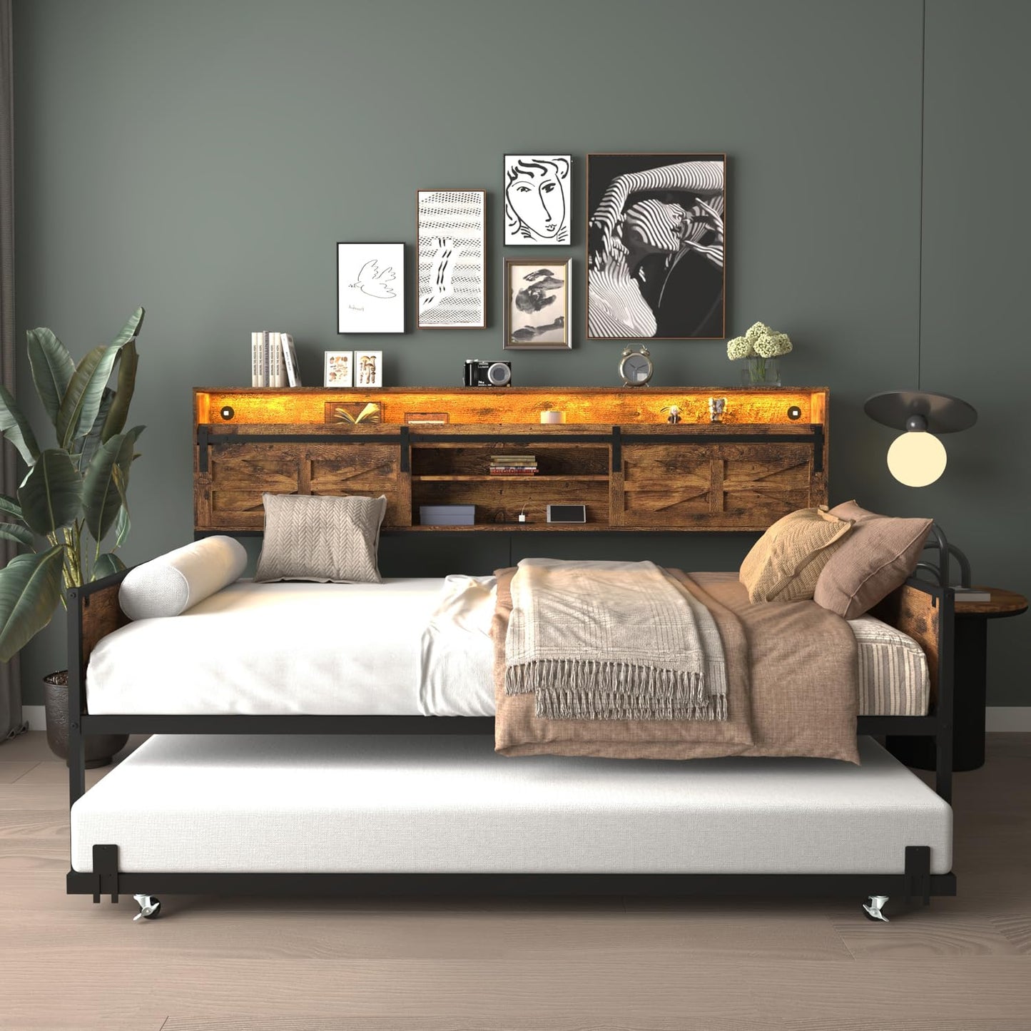 Daybed with Trundle and LED Lights, Metal Twin Bed Frame with Sliding Barn Door Headboard & Charging Station, Day Bed Pop Up Trundle Bed for Living Room Bedroom Guest Room (Black+Brown, Twin)