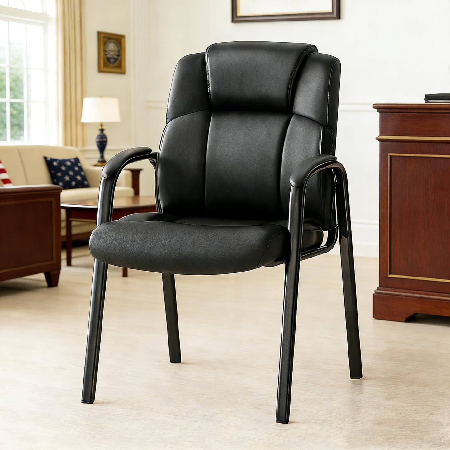Simple Deluxe Office Guest Chair with Padded Armrests (No Wheels), Stationary Leather Reception Chair for Waiting Room, Conference Room, Lobby, Home, Desk Side & Dining, Black