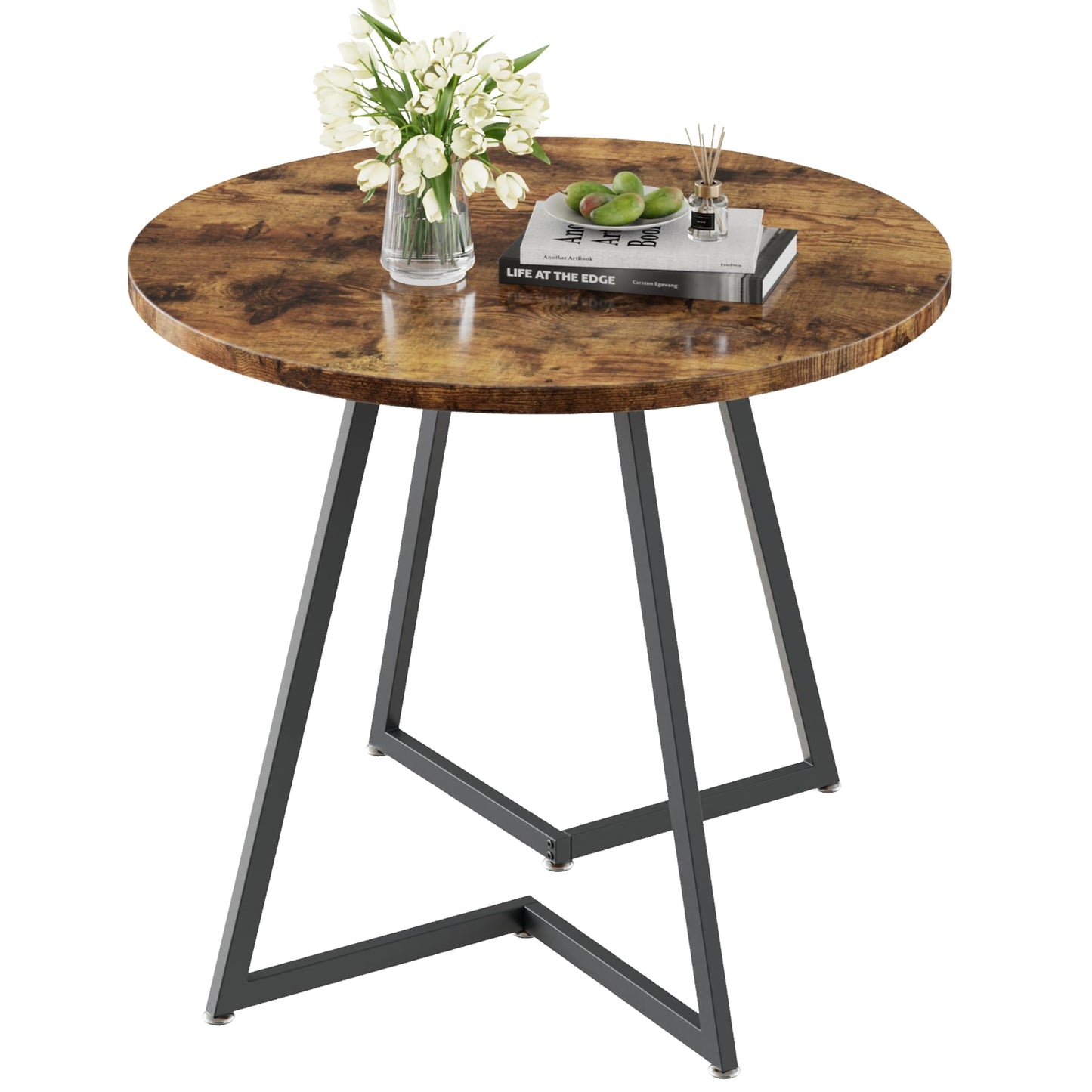 VECELO Round Dining Room Table with Wood Grain Tabletop and Steel Frame, for Kitchen, Living Room, Office, Conference, 2 to 4 Person, Antique Brown