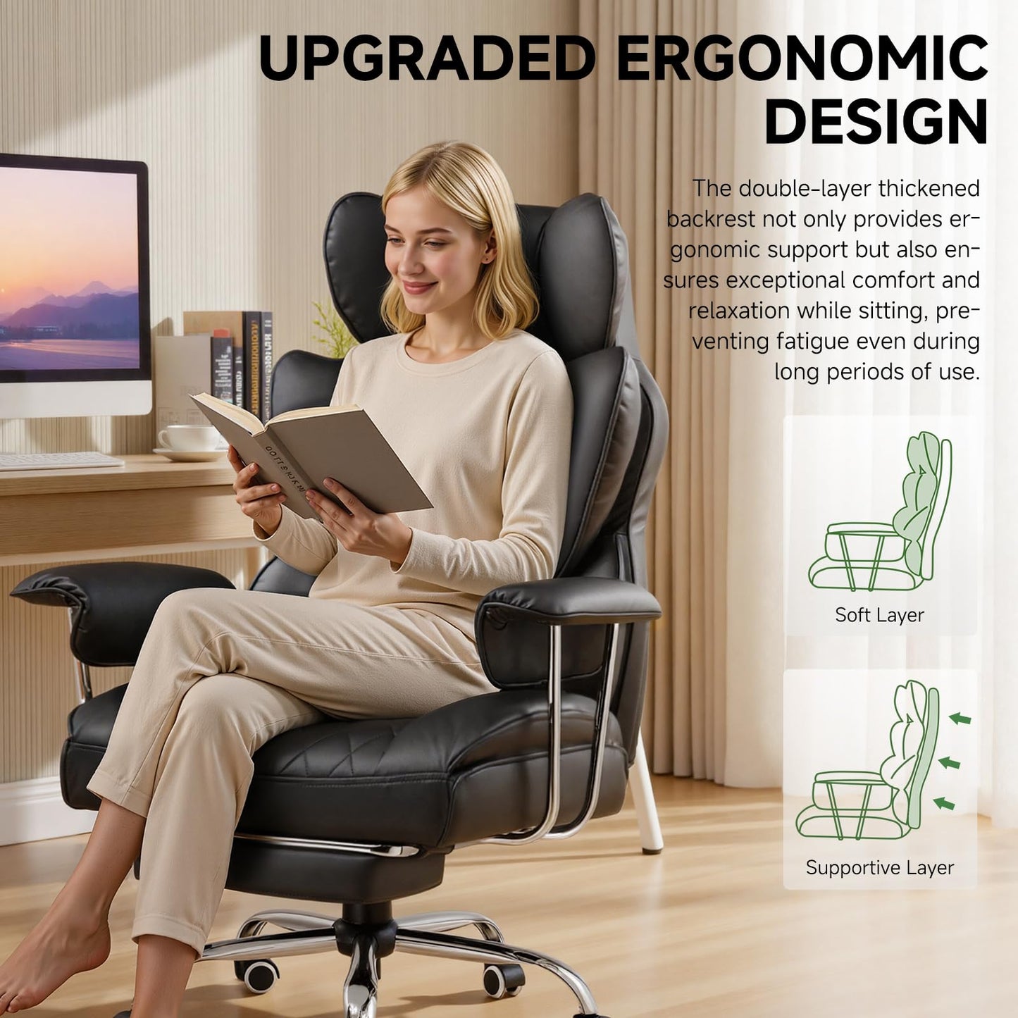 COMHOMA Big and Tall Office Chair, High Back Leather Gaming Chair with Footrest, Executive Ergonomic Office Chair with Pocket Spring Lumbar Support and with Outward Fixed Soft Armrests
