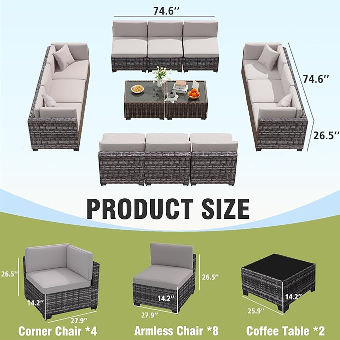 KIGOTY Patio Furniture Set, 14 Pieces Modular Outdoor Sectional Sofa, PE Rattan