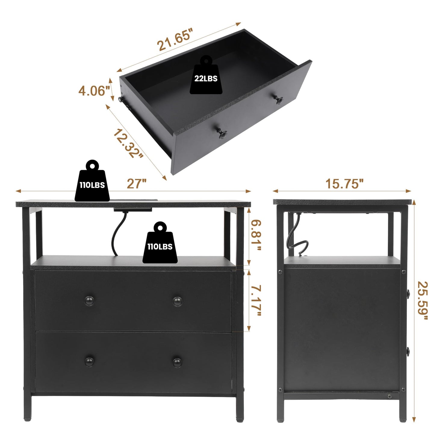 Edbuosy 27 inch Wide Night Stand with Charging Station, Bedside Table with Open Shelf, 2 Drawers Small Wood Dresser, Modern Wood Nightstand for Bedroom/Living Room (Black)