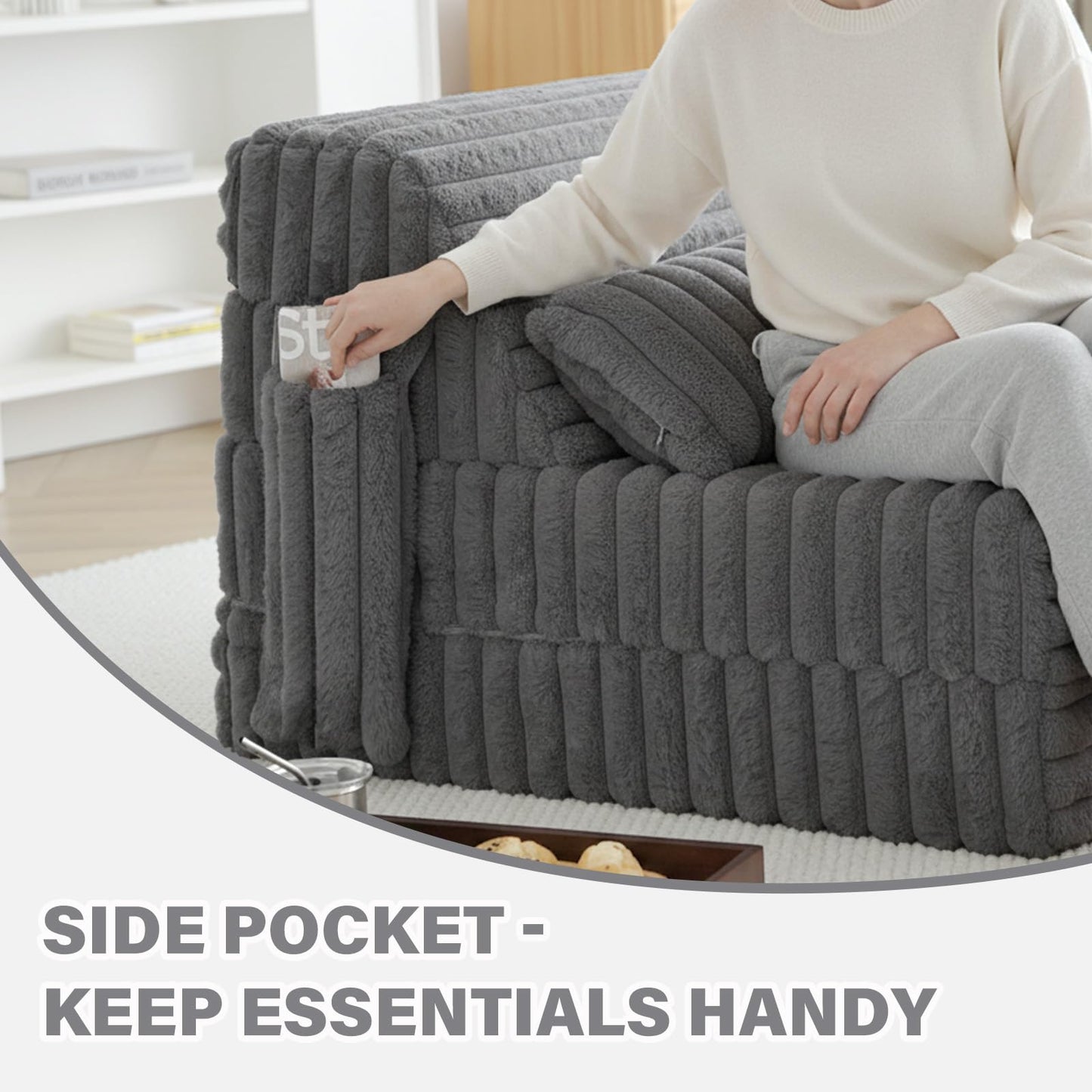 Tiita Folding Sofa Bed Convertible Sleeper Chair Mattress with Pillow & Side Pocket, Thick Corduroy Floor Mattress Couch Bed, Single Size, Grey