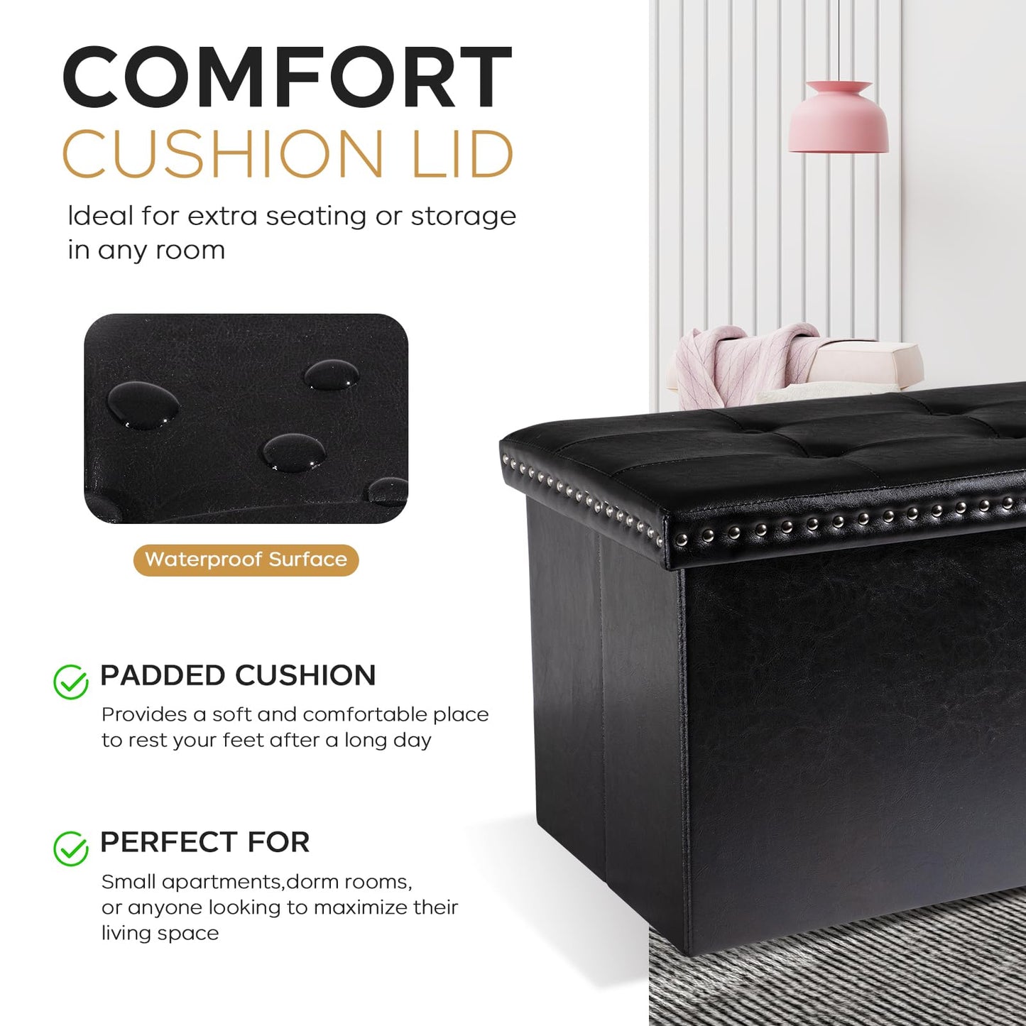 oakvivo Folding Storage Ottoman Bench 30in, Leather Foot Rest Stools Ottoman with Storage, Coffee Table, End of Bed Bench Footstool for Living Room, Bedroom, Load 330 lb, 30x15x15 inches, Black