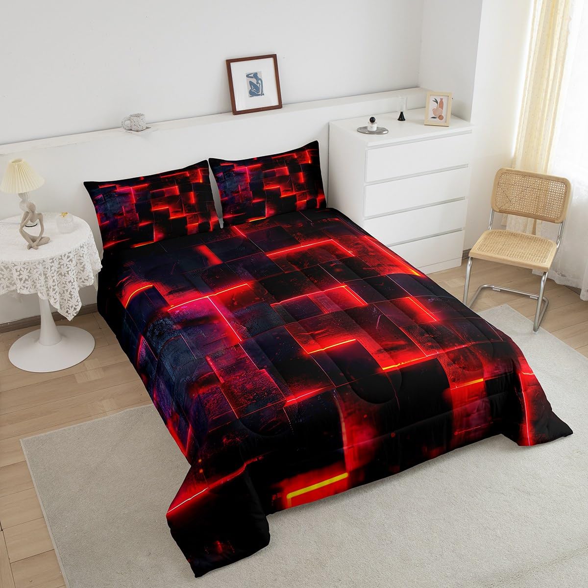 Erosebridal Black and Red Comforter Set Twin Modern Abstract Twin Bedding, 3D Glowing Plaid Bedding Comforter Sets Gradient Grid Duvet, Neon Square Quilted Comforter 2pcs (Black Reversible)