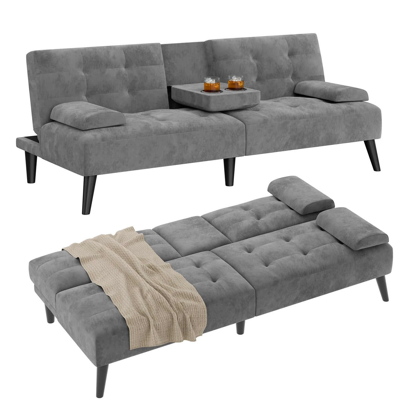 Shintenchi Futon Sofa Bed, Velvet Foldable Couch, Reclining Sleeper with Removable Armrests, Upholstered Loveseat Sofa Couch with Folding Cup Holders for Home, Office, Dark Grey