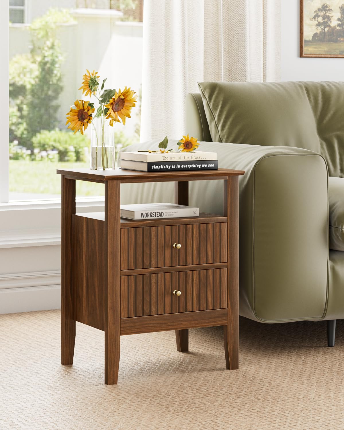 Apetaccat Fluted Nightstand, Farmhouse Night Stand with 2 Drawers, Mid Century Modern Side Accent Table,Bedside End Table for Bedroom, Living Room, Brown