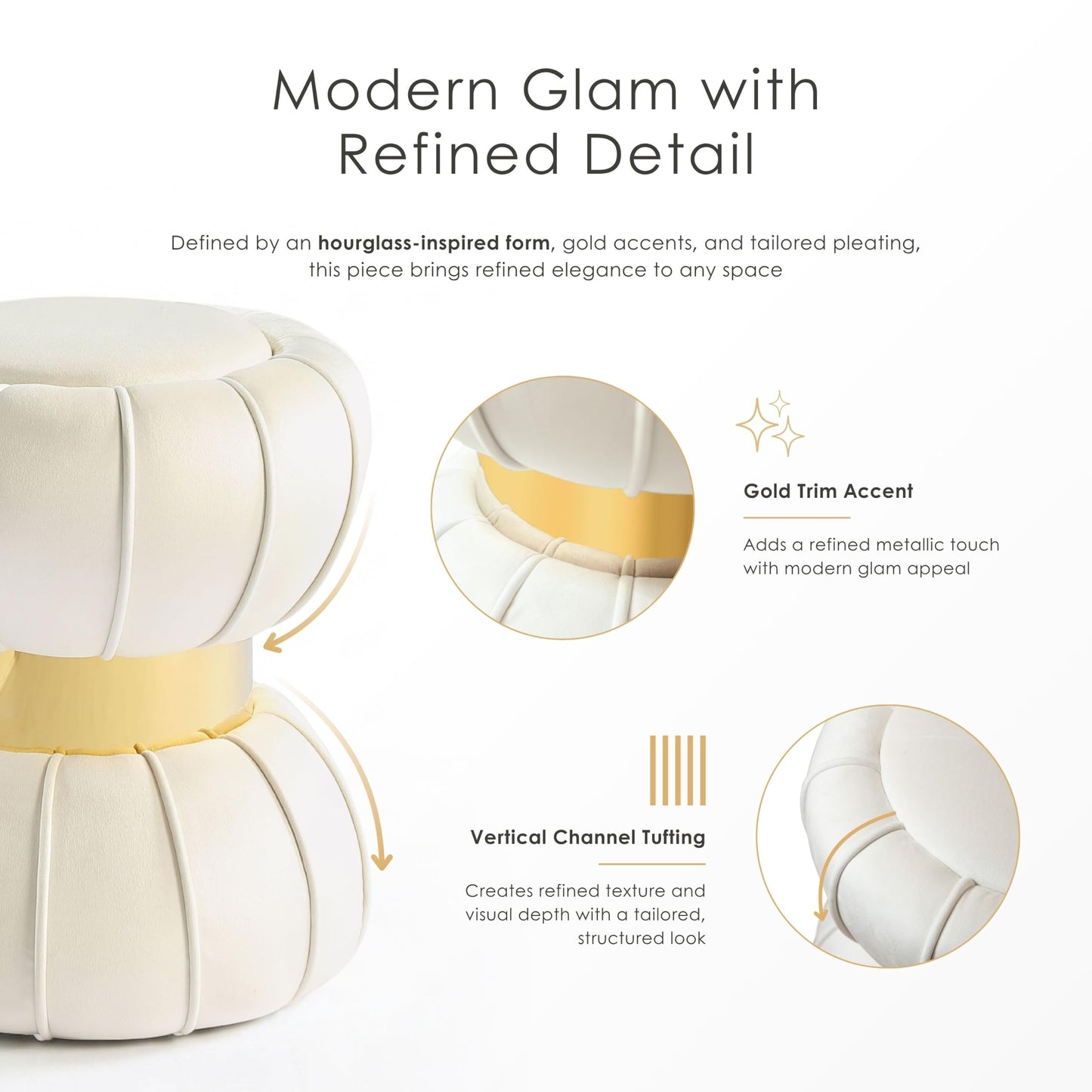 Furniture of America Magnus Modern 15-inch Upholstered Ottoman with Hourglass Shape and Stainless Steel Gold Trim, Vanity Stool Chair, Small Foot Stool for Bedroom, Living Room, Entryway, White