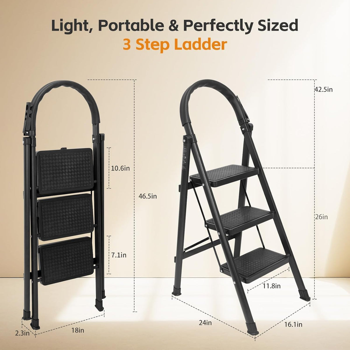 3 Step Ladder, Folding Step Stool with Wide Anti-Slip Pedal, Sturdy Step Ladder Foldable, Lightweight Portable Steel Step Stool for Kitchen, Home (Black, 3-Step)