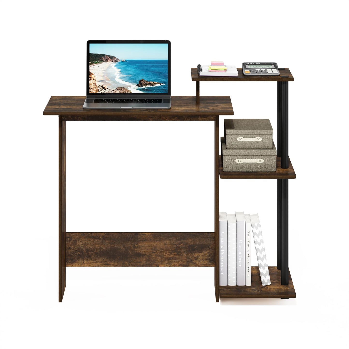 Furinno Efficient 29-Inch Rustic Brown Computer Desk with Side Shelves, Gaming Desk with 3 Open Shelves, Home Office Desk, for Home Office, Study Room, Dorm, Bedroom, Amber Oak