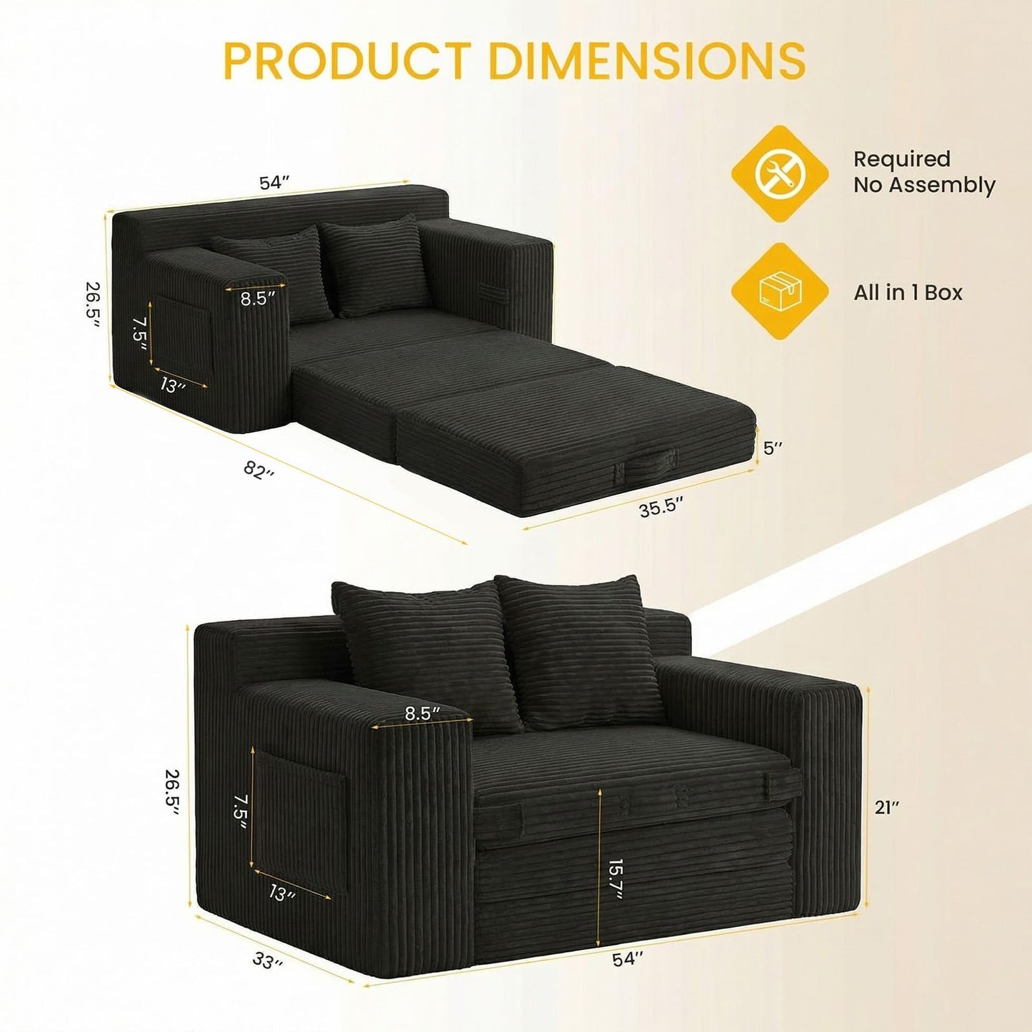 Boneless Couch,Boneless Loveseat Sleeper Sofa Bed – 3-in-1 Convertible Couch Bed with Side Pockets & Handle,Pull Out Corduroy Futon for Small Space,Living Room & Bedroom,2 Pillows Included,No Assembly