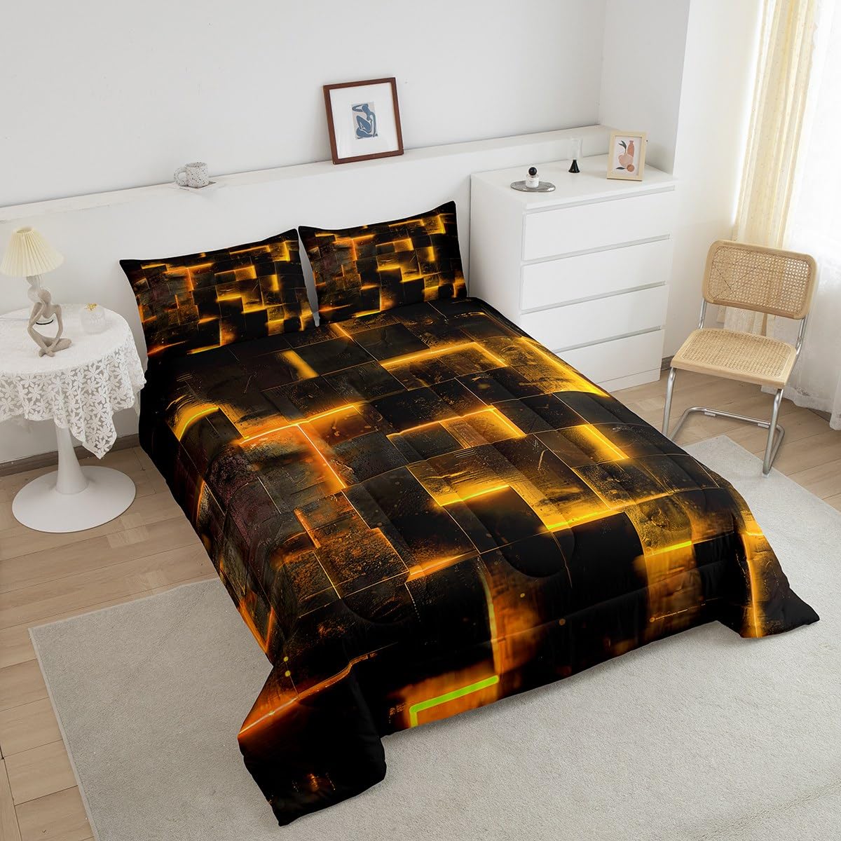 Black Orange Abstract Comforter Twin Gradient Square Twin Bedding Set, Geometric Grid Down Comforter Neon Checkered Bed Set Glowing Plaid Quilted Duvet 3D Modern Bedroom Decor 2pcs (Black Reversible)