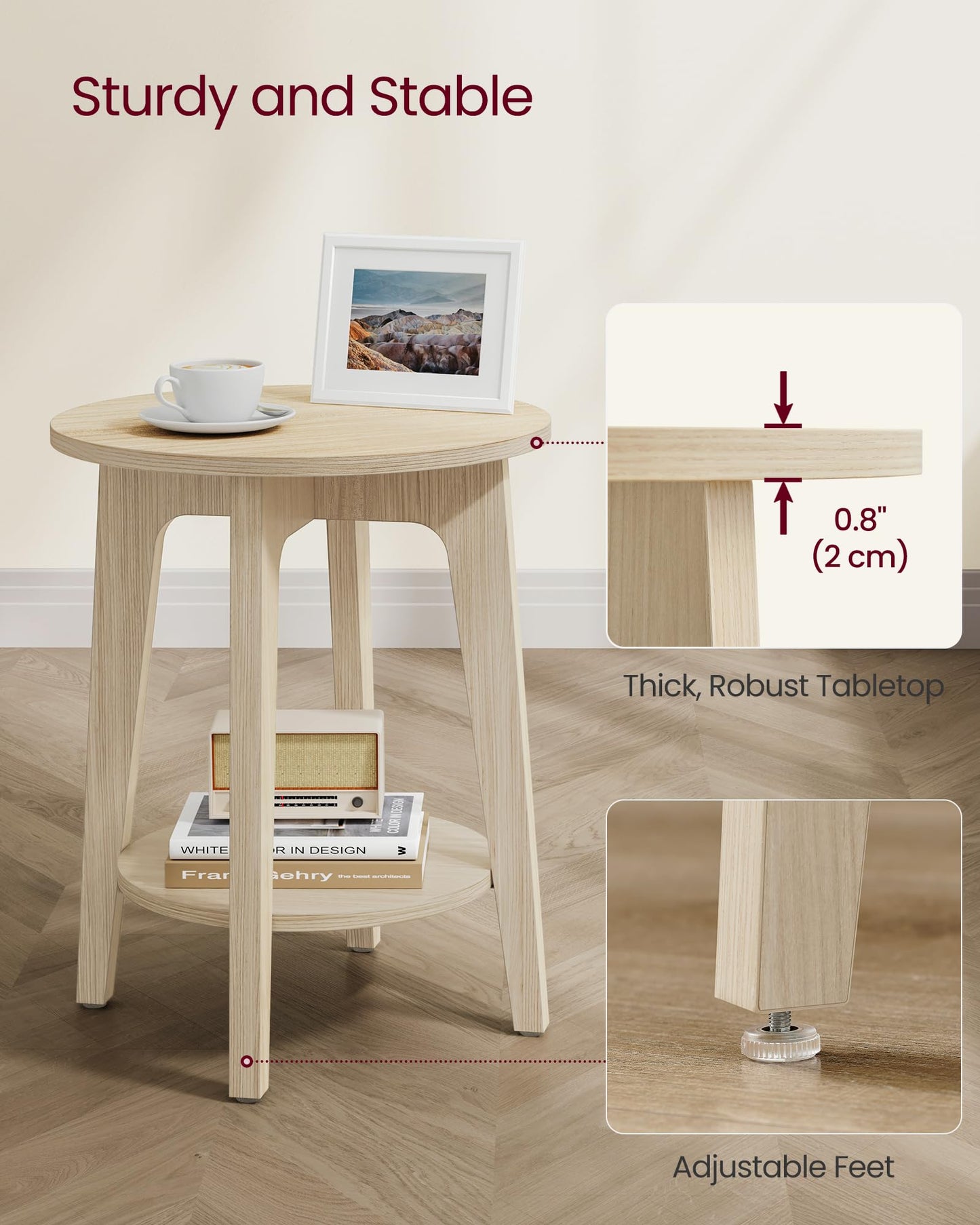 VASAGLE MAEZO Collection - Side Table, 2-Tier Small Round End Table, Nightstand with Tapered Legs, Curved Transitions, for Small Spaces, Living Room, Bedroom, Natural Beige ULET283N01
