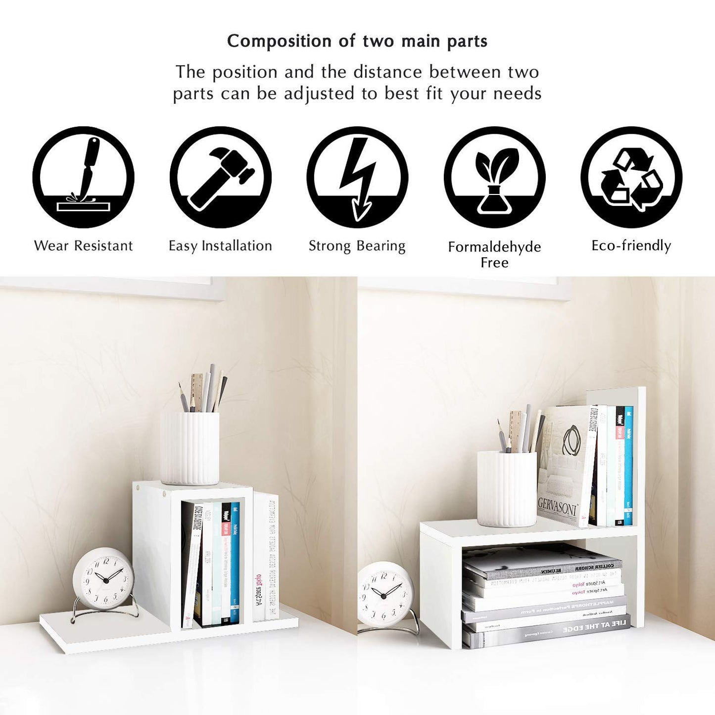 Jerry & Maggie - Desktop Organizer Office Storage Rack Adjustable Wood Display Shelf | Birthday Gifts - Toy - Home Decor | - Free Style Rotation Display - True Natural Stand Shelf (White)